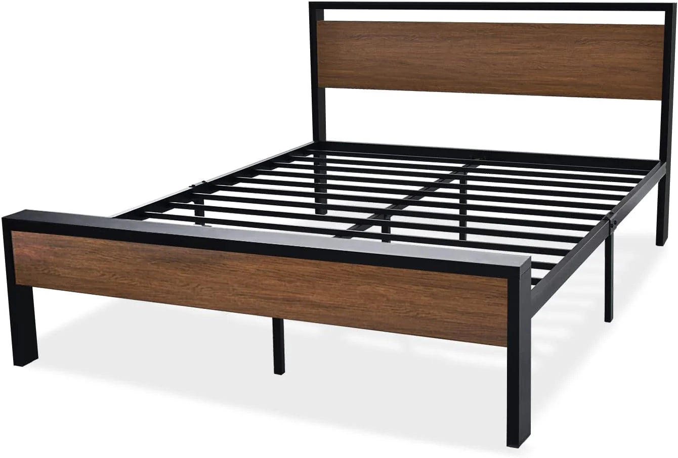 SHA CERLIN 14 Inch Queen Size Metal Platform Bed Frame with Wooden Headboard and Footboard, Mattress Foundation, No Box Spring Needed, Large Under Bed Storage, Non-Slip Without Noise, Black Oak