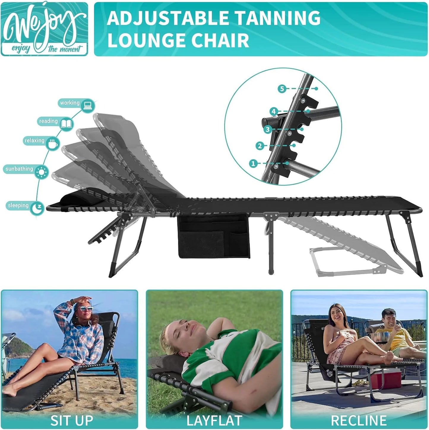 2 Pack Outdoor Chaise Lounge Chair - Portable Folding Patio Pool Lounge Chair, 5 Positions Adjustable Reclining Camping Chair with Side Table,Shoulder Strap, Pillow for Beach Sunbathing Lawn