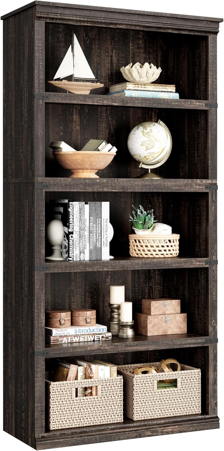 5 Tier Bookcase Farmhouse Book Shelf with Storage Open Display Bookshelves