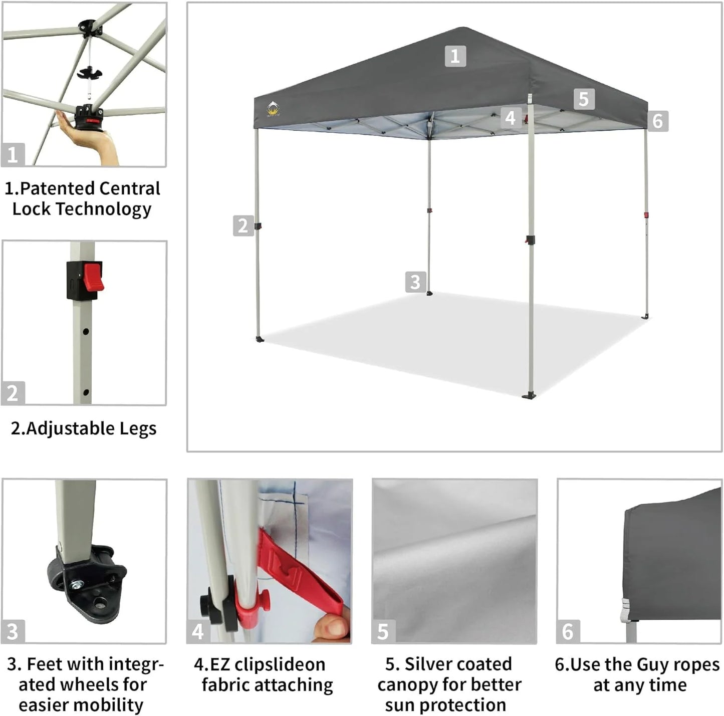 10x10 Pop-Up Awning - One-Click Installation Beach Tent - Outdoor Sunshade Silver Coated Top, 3 Heights and 4 Sand Pockets