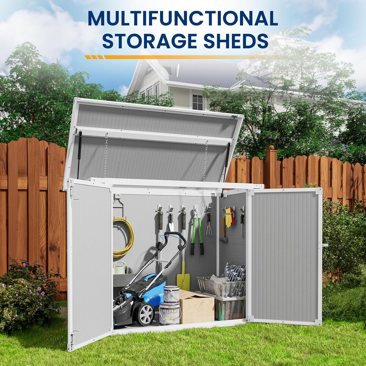 Amopatio 41 Cu Ft Horizontal Outdoor Storage Shed, Resin Trash Can Storage,Resin Shed for Garden Tools, Lawn Mowers, Garbage Cans, Patio Use