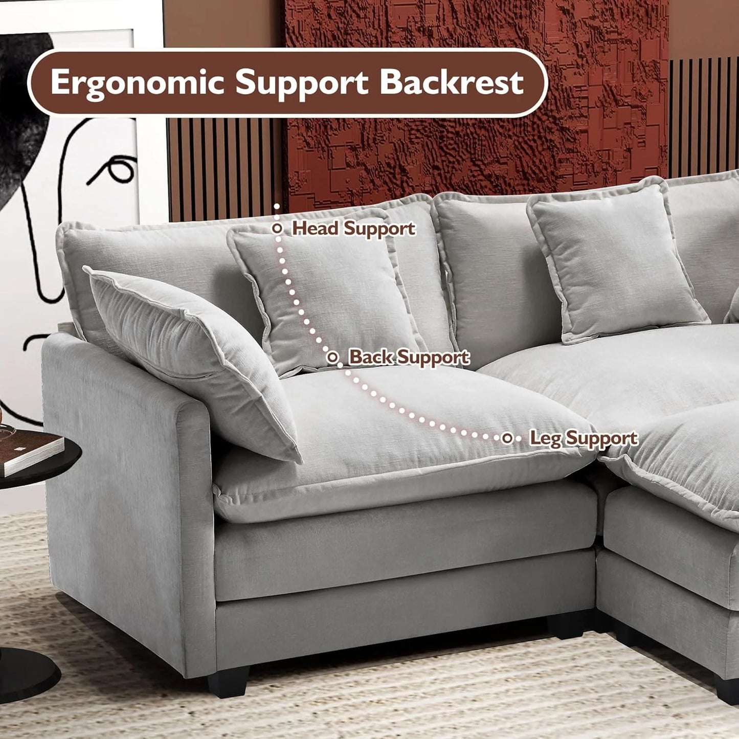 111.4 Inch L-Shaped Modern Sofa Modular Cloud Sofa with Ottoman, 4-Seater Chenille Deep Seat Sofa with Pillows for Living Room, Bedroom and Apartment, Beige