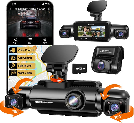 360° Dash Cam 4-Channel FHD 4*1080P Wi-Fi GPS Voice Control Car Camera, Front 2K+1080P*2 Dash Cam, with 64GB SD Card, Night Vision, 24-Hour Parking Mode