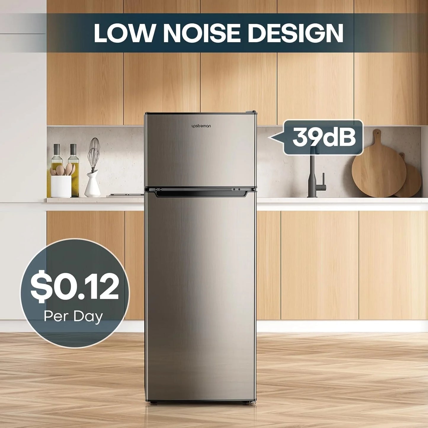 Upstreman 7.7 Cu.Ft. Refrigerator with Freezer, Double Door, Adjustable Thermostat, Large Capacity, Reversible Door Swing, Refrigerator for Apartment, Office, Dorm, Stainless (BD75)