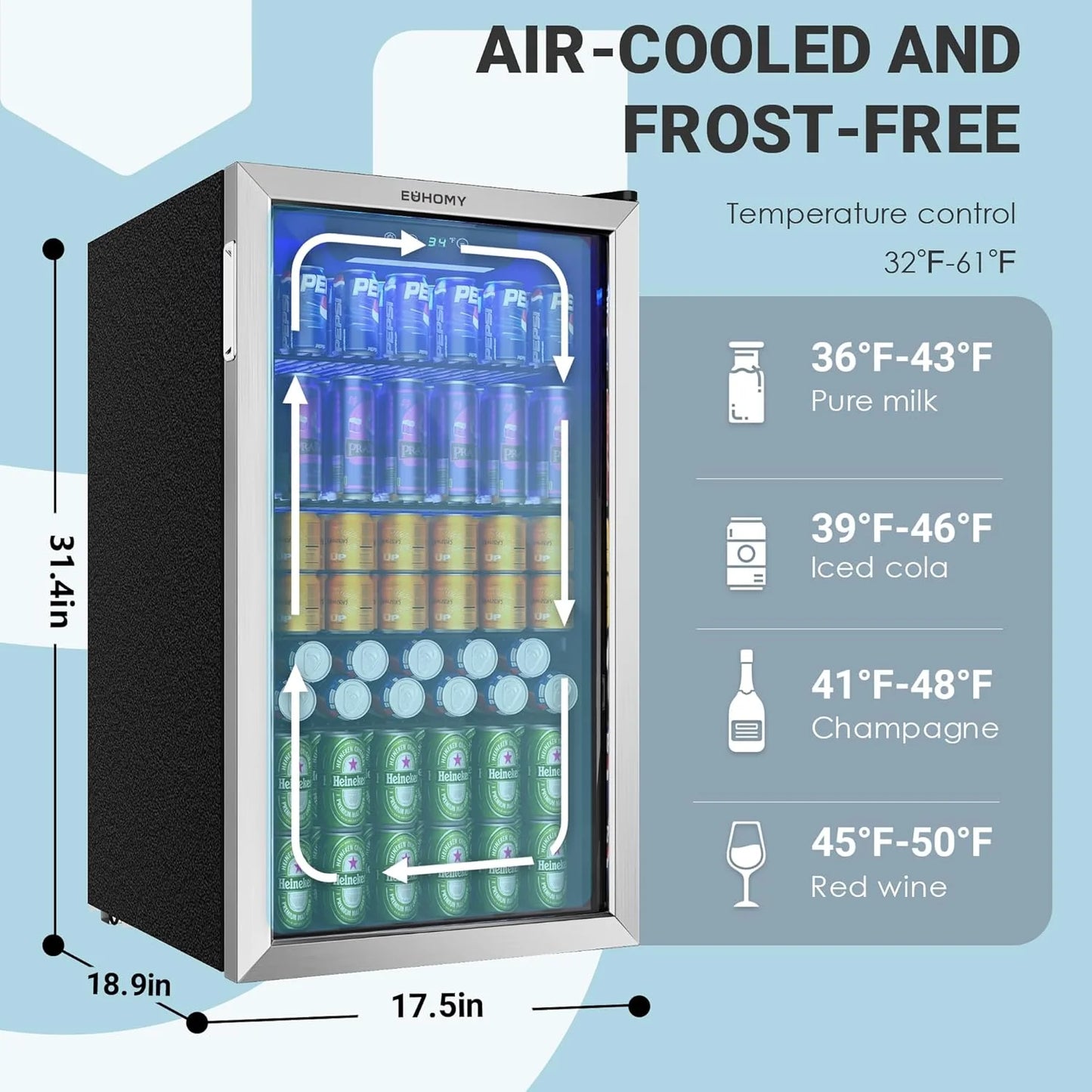EUHOMY Beverage Refrigerator Cooler, 130 Can Mini Fridge with Glass Door for Soda Beer or Wine, Beverage Cooler for Home, Office, Bar with Adjustable Removable Shelves, Silver