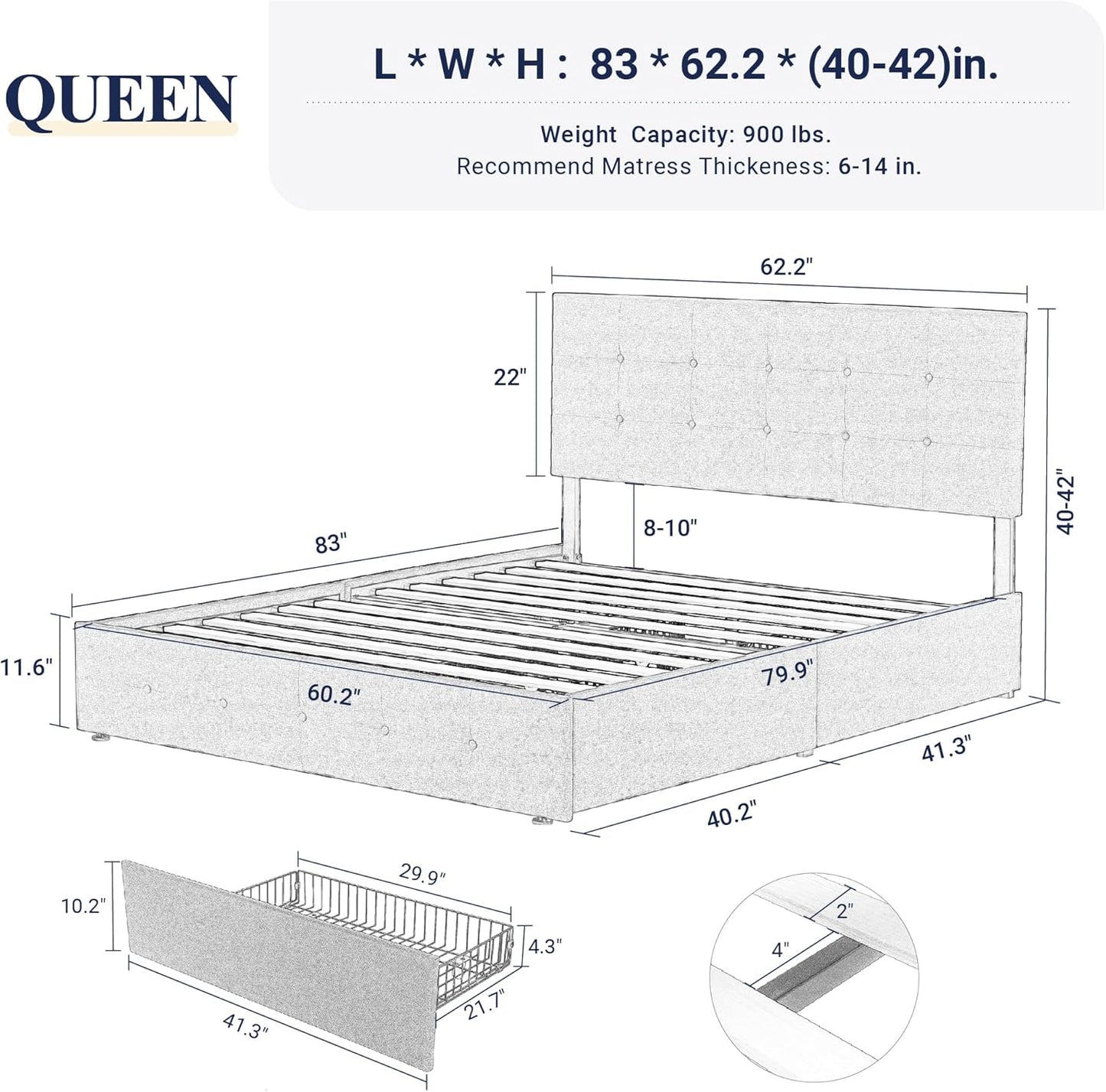 Allewie Upholstered Queen Size Platform Bed Frame with 4 Storage Drawers and Headboard, Square Stitched Button Tufted, Mattress Foundation with Wooden Slats Support, No Box Spring Needed
