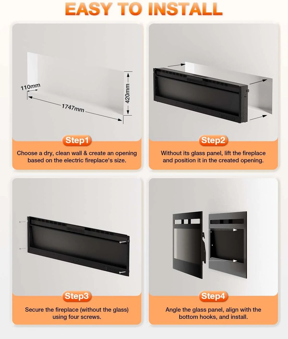 Electric Fireplace 60Inch,Wall Mounted Electric Fireplace Heater with Timer Inserts，TV Stand Touch Screen and Realistic Flame,Log Set,Crystal Flames 750 to 1500W，Remote for Living Room