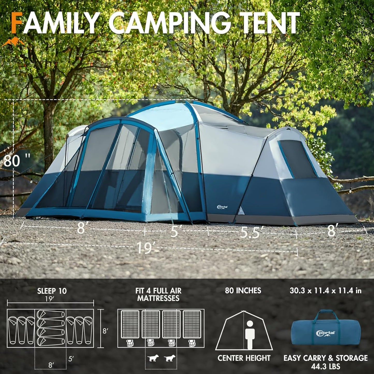 PORTAL 6/8/10 Person Family Camping Tent with Screen Room, Water Resistant Big Tunnel Tent with Rainfly, Large Family Tent for Outdoor Camping, Party