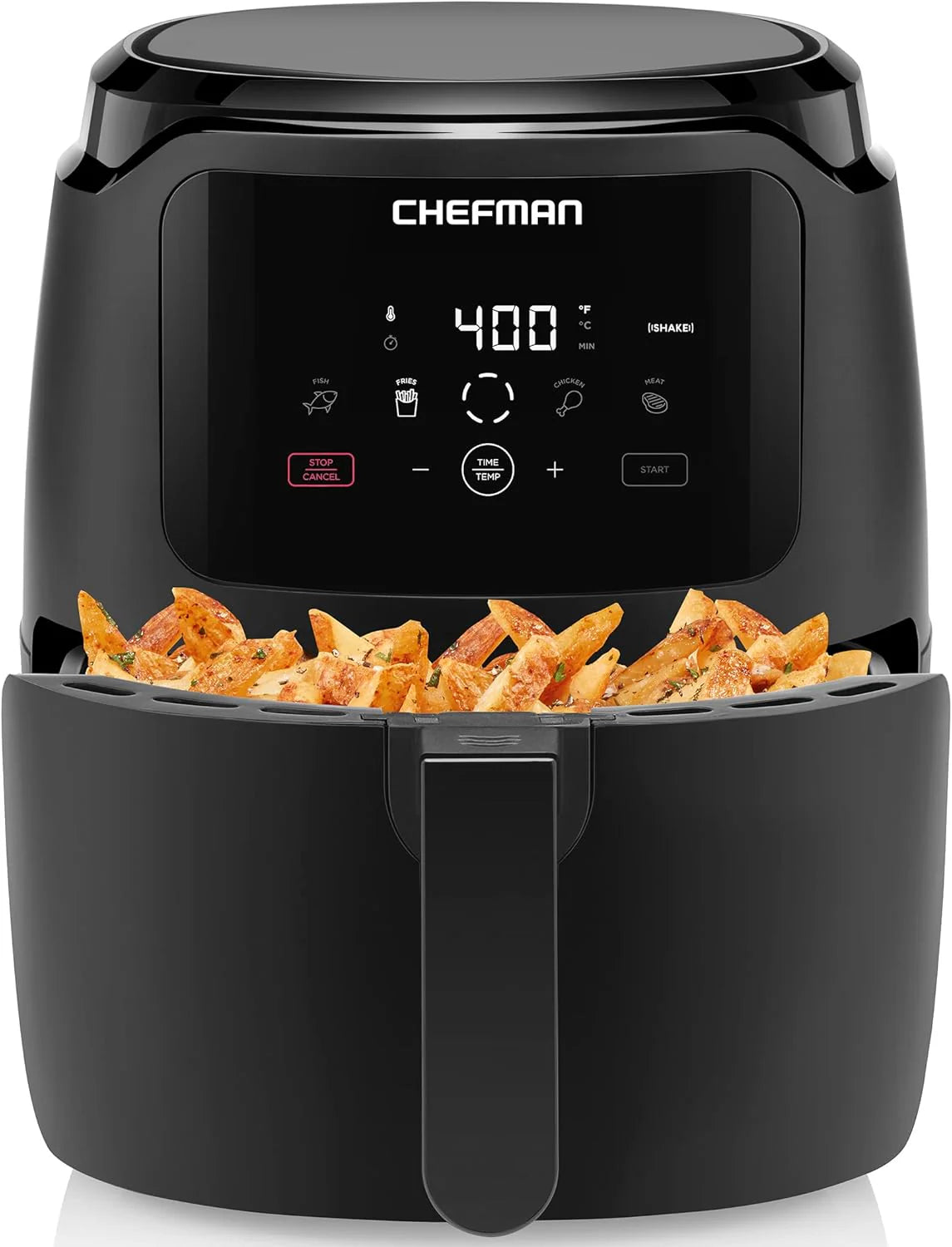 Chefman 6-Quart Double Basket Air Fryer with Easy View Window uses two separate 3-quart nonstick pans.