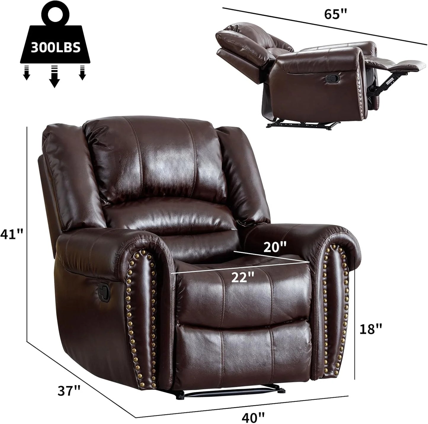 Leather recliner, classic traditional manual recliner, single sofa for living room