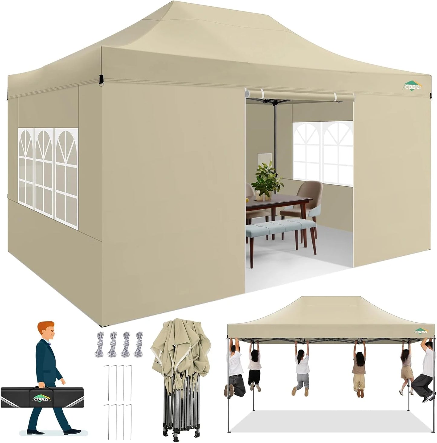 COBIZI 10x20 Heavy Duty Pop up Canopy Tent with 6 sidewalls Easy Up Commercial Outdoor Canopy Wedding Party Tents for Parties All Season Wind & Waterproof Gazebo with Roller Bag,Black(Frame Thickened)