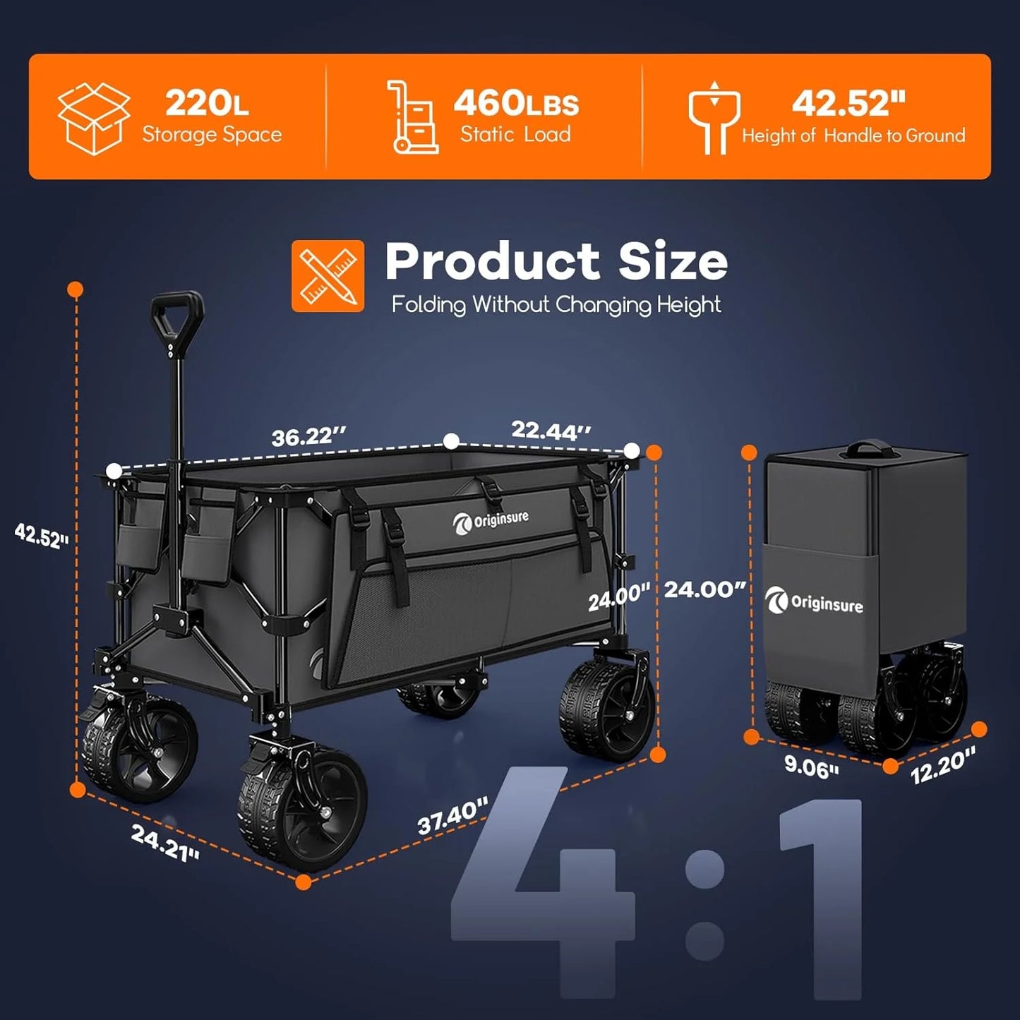 38" long foldable four-wheel stroller, foldable, 460 lb capacity, 220 liter heavy-duty folding beach stroller with large all-terrain tires