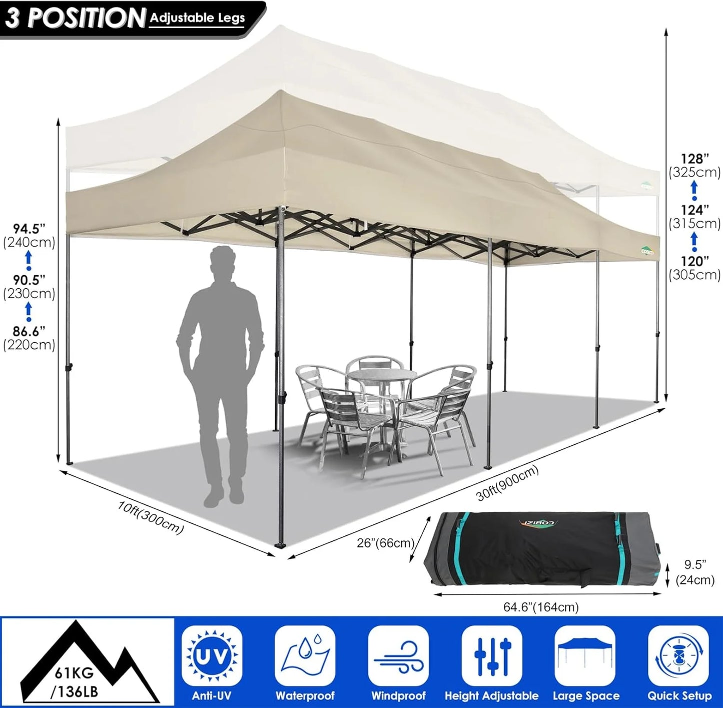 COBIZI 10x20 Heavy Duty Pop up Canopy Tent with 6 sidewalls Easy Up Commercial Outdoor Canopy Wedding Party Tents for Parties All Season Wind & Waterproof Gazebo with Roller Bag,Black(Frame Thickened)