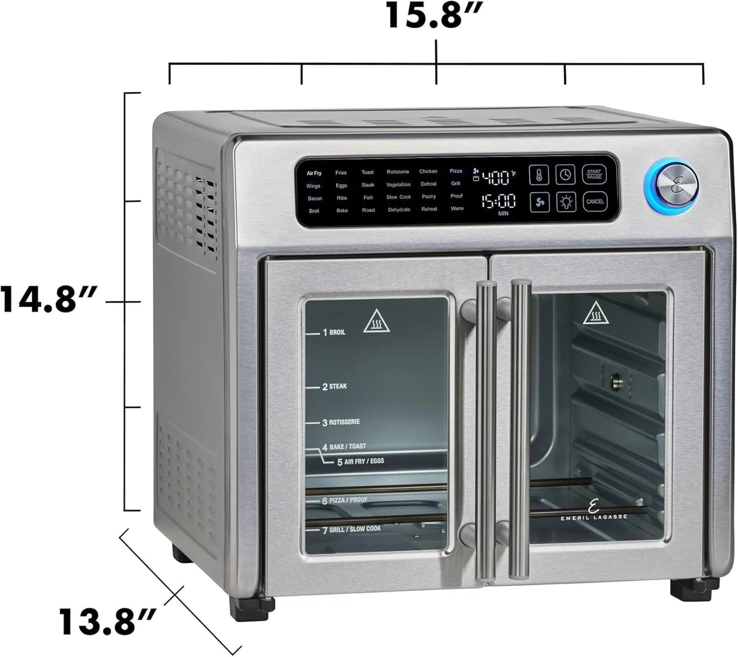 Extra Large French Door Air Fryer Toaster Oven Combo, 24 Cooking Functions and Digital Controls, 7 Accessories Included, Stainless Steel Finish, 26QT Capacity