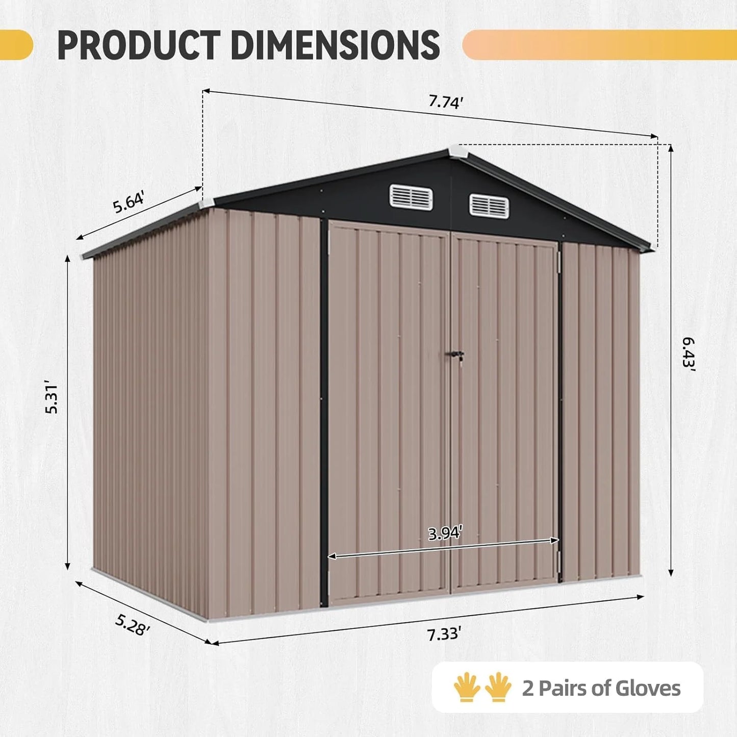 Aoxun 7.4x5.3FT Shed with Floor Galvanized Steel Outdoor Storage Shed Metal Garden Shed with Double Doors, 15mm Moisture-Proof Floor & Ventilation, Sloped Roof for Bike/Generator/Tool Storage (Brown)