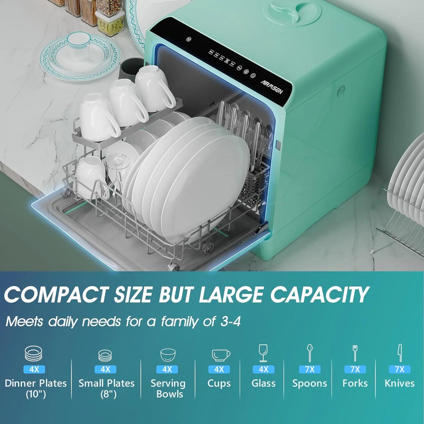 AIRMSEN portable tabletop dishwasher, 5 washing programs mini dishwasher