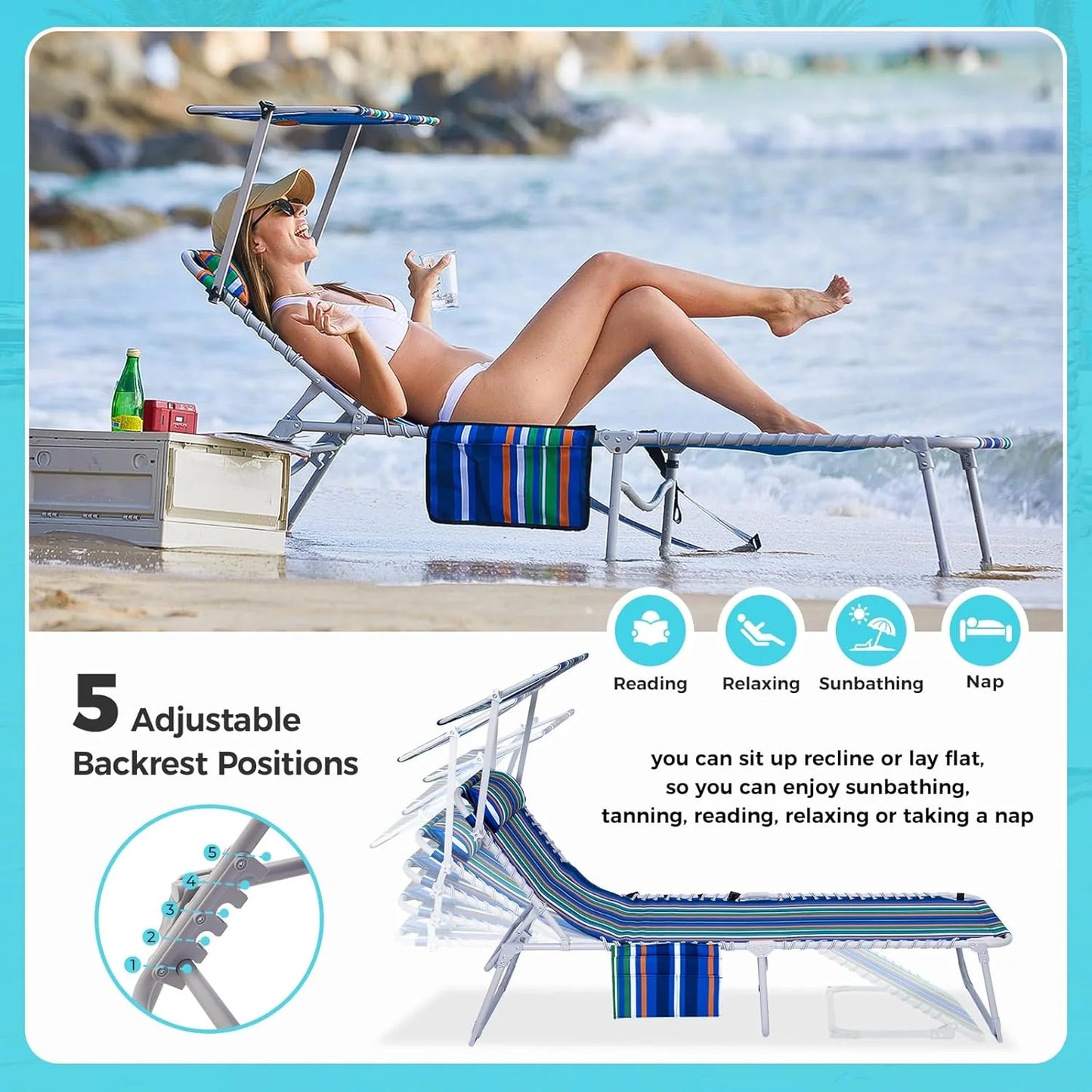 2 Pack Outdoor Chaise Lounge Chair - Portable Folding Patio Pool Lounge Chair, 5 Positions Adjustable Reclining Camping Chair with Side Table,Shoulder Strap, Pillow for Beach Sunbathing Lawn