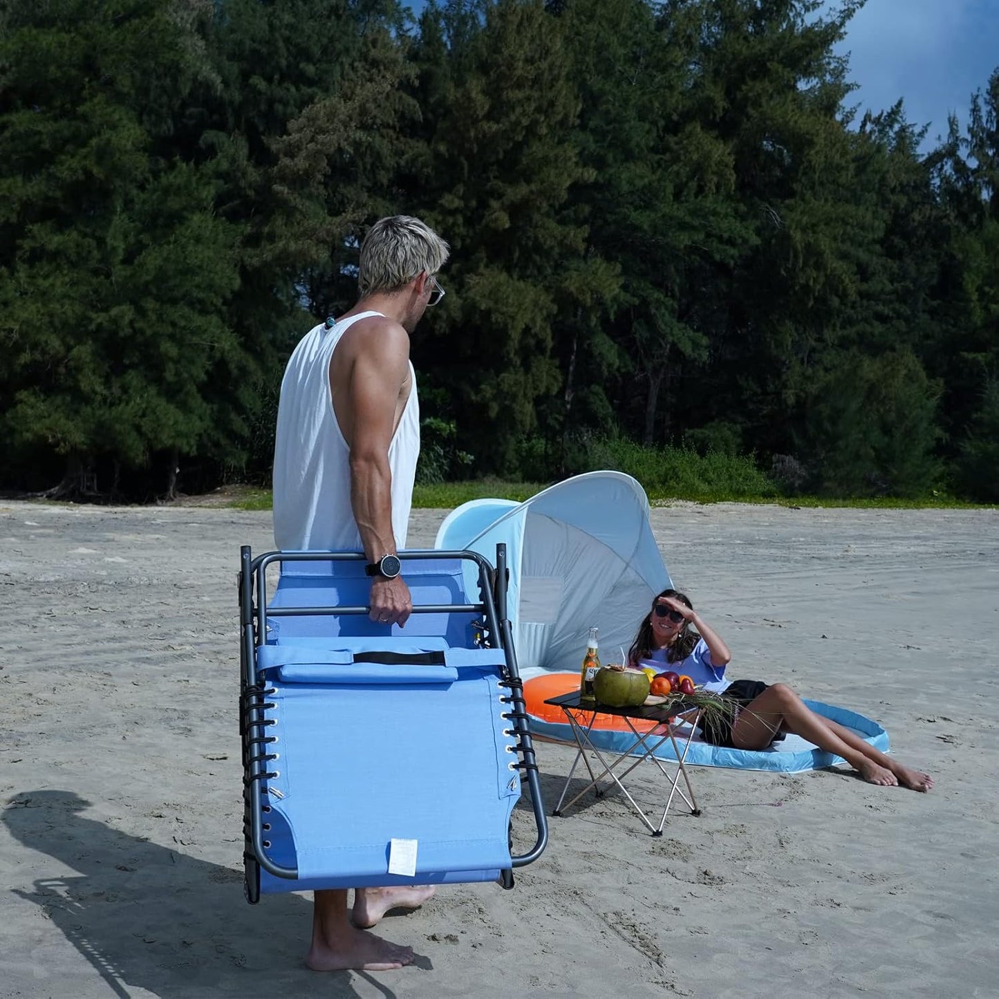 2 Pack Outdoor Chaise Lounge Chair - Portable Folding Patio Pool Lounge Chair, 5 Positions Adjustable Reclining Camping Chair with Side Table,Shoulder Strap, Pillow for Beach Sunbathing Lawn