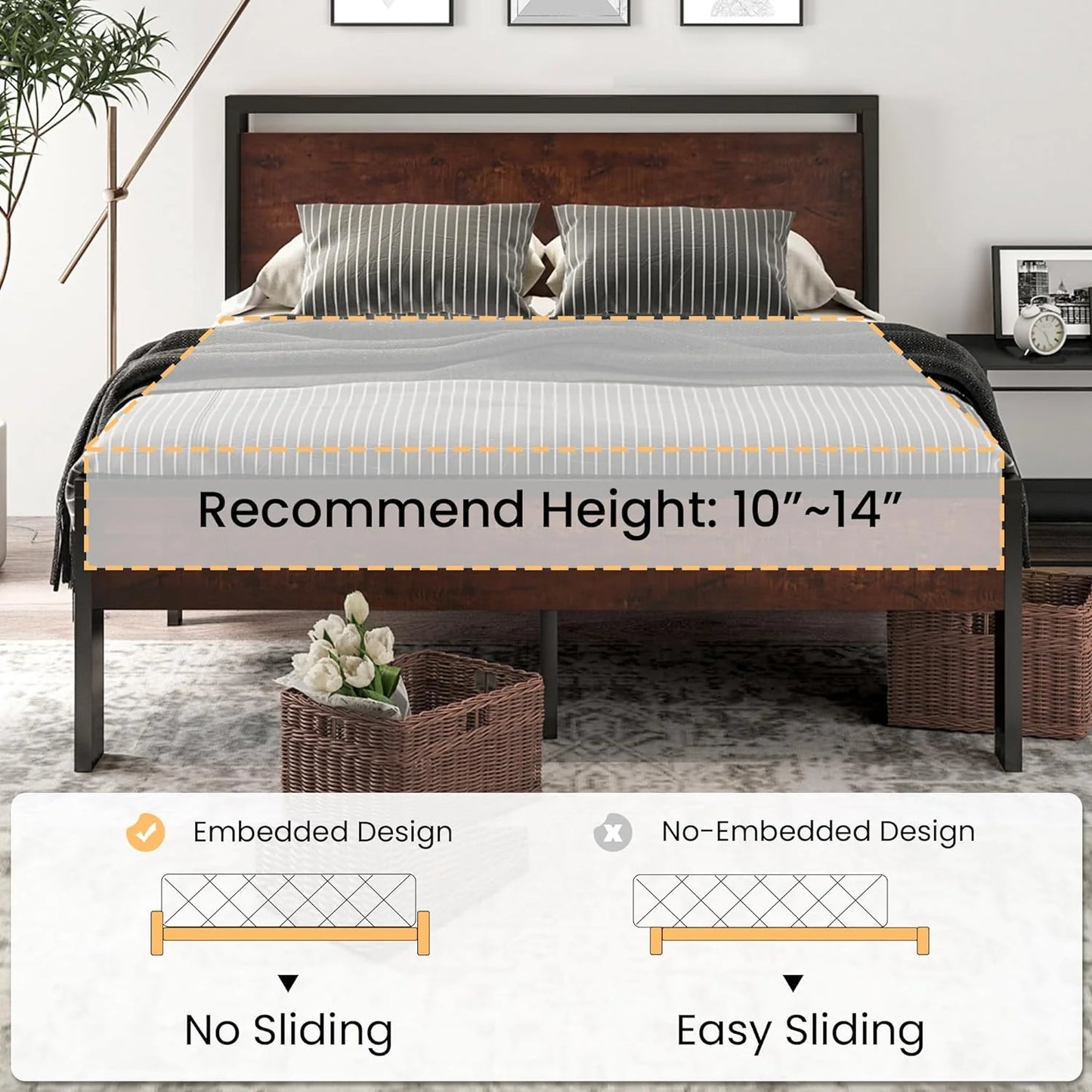 SHA CERLIN 14 Inch Queen Size Metal Platform Bed Frame with Wooden Headboard and Footboard, Mattress Foundation, No Box Spring Needed, Large Under Bed Storage, Non-Slip Without Noise, Black Oak