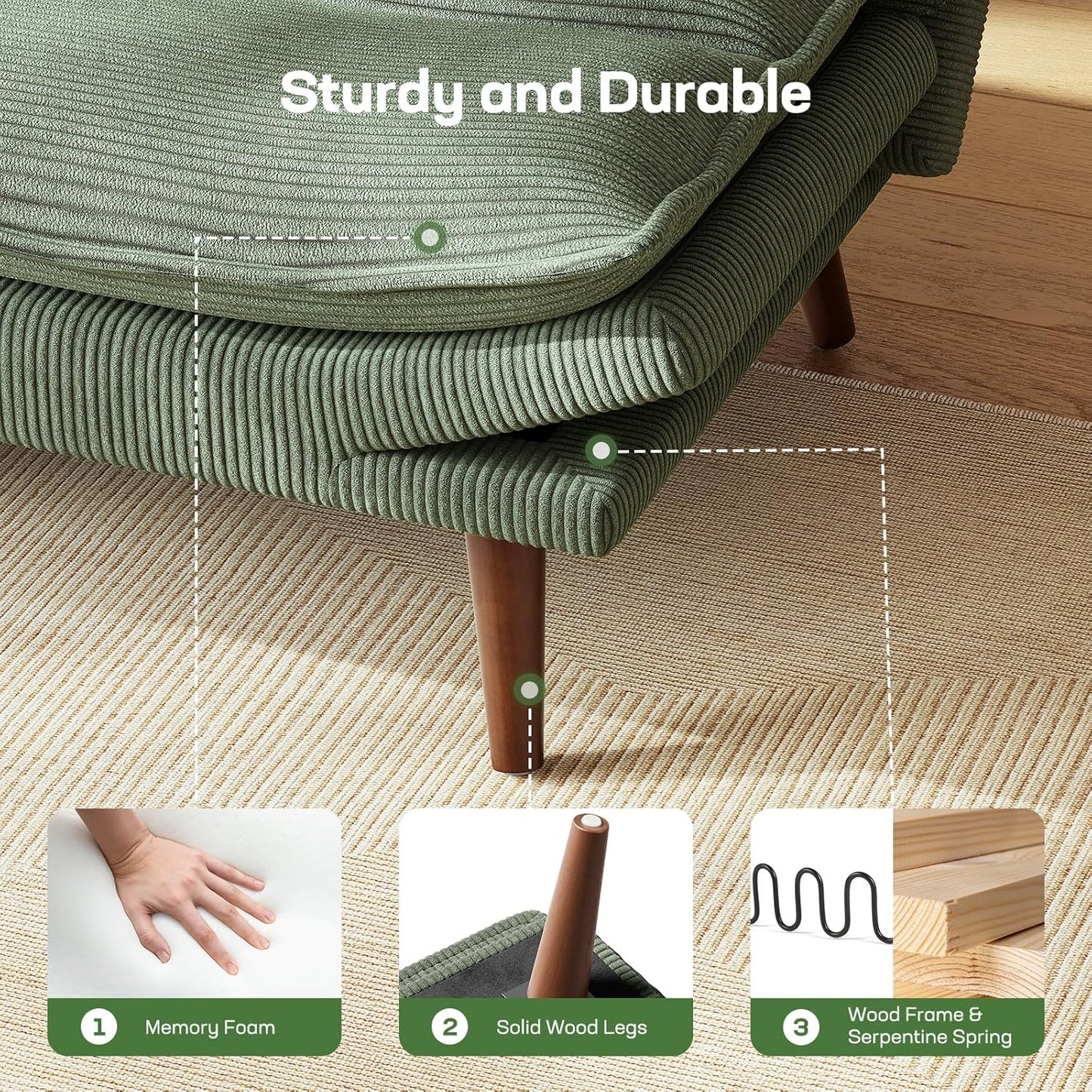 Futon Sofa Bed, Futon Sofa with Adjustable Back and Armrests, Converts to Small Sleeper Sofa Bed Corduroy Loveseat Green