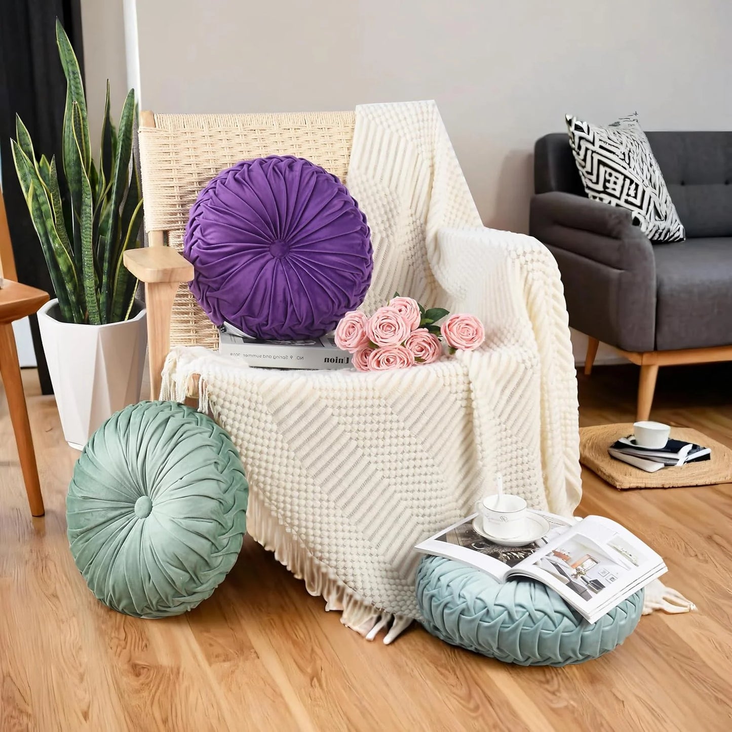 Set of 2 Decorative Round Pleated Throw Pillows