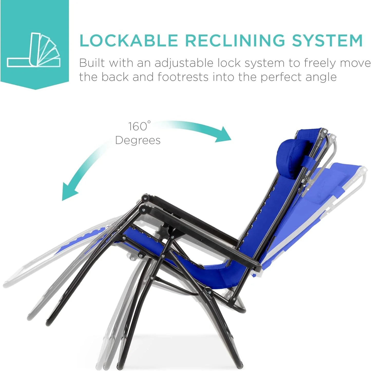 Best Choice Products Folding Zero Gravity Outdoor Recliner Patio Lounge Chair w/Adjustable Canopy Shade, Headrest, Side Accessory Tray, Textilene Mesh - Peacock Blue