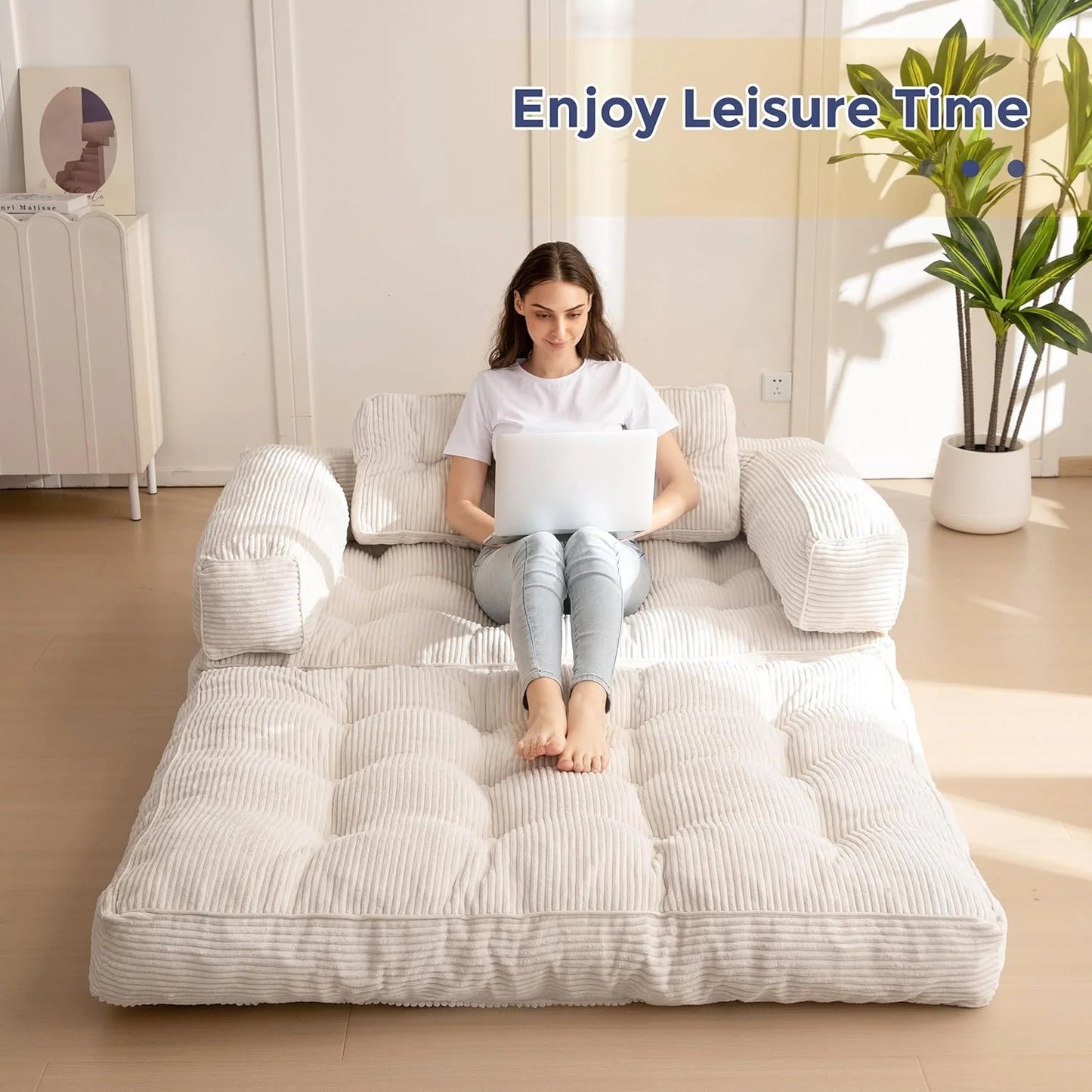 Folding Sofa Bed, L-Shaped Convertible Sofa Bed with Armrests and Pillows,