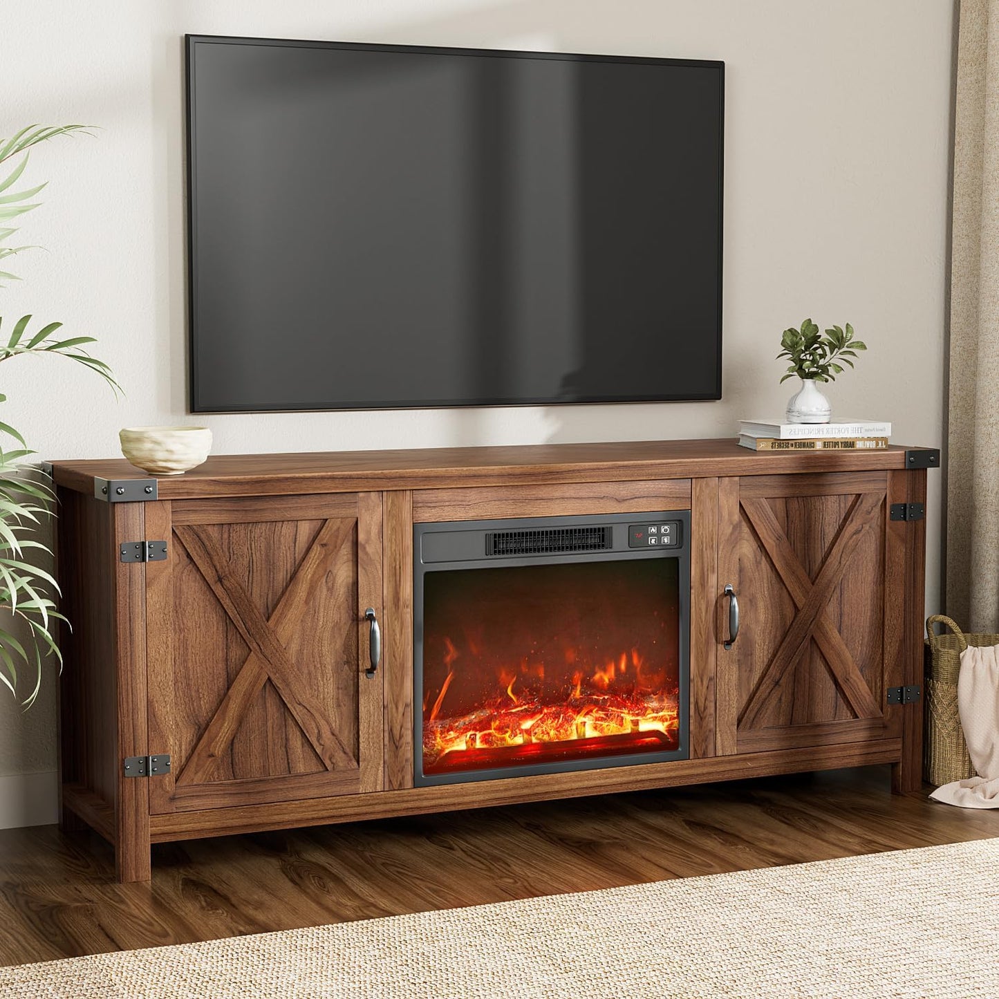 YESHOMY Fireplace TV Stand with Two Barn Doors and Storage Cabinets for Televisions up to 65+ Inch, Entertainment Center Console Table, Media Furniture for Living Room, 58 Inch