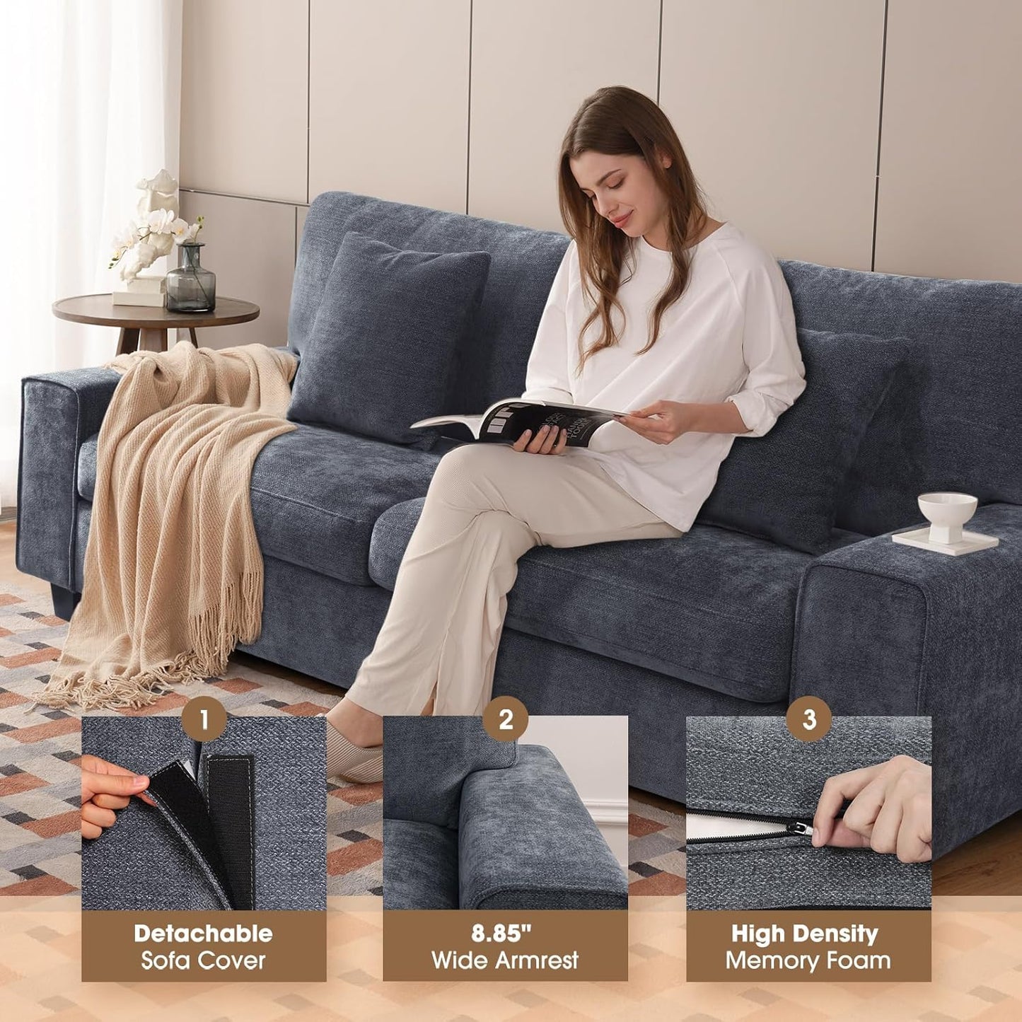 DOPEDIO living room double sofa, chenille lounge chair, removable, solid wood frame