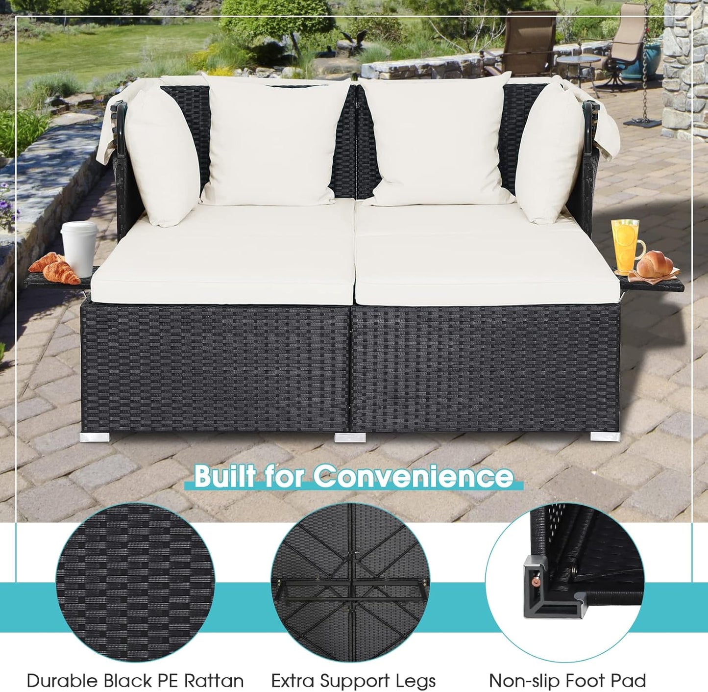 RELAX4LIFE Patio Outdoor Daybed with Canopy, Wicker Sunbed w/Cushions, 4 Pillows & 2 Retractable Side Trays, 2-Person Lounge Bed Conversation for Poolside Porch Garden, Rattan Outdoor Bed (Turquoise)