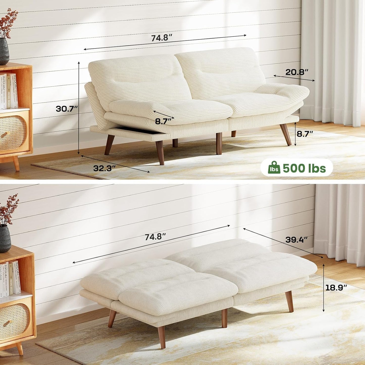 Futon Sofa Bed, Futon Sofa with Adjustable Back and Armrests, Converts to Small Sleeper Sofa Bed Corduroy Loveseat Green