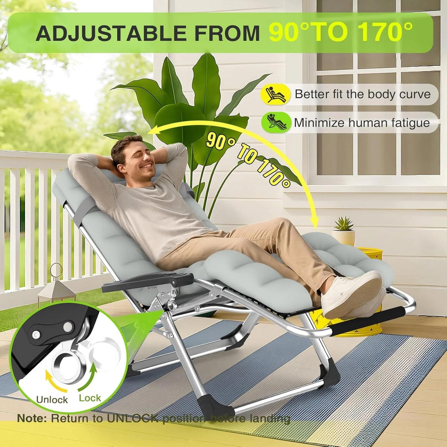 Indoor and outdoor patio chair folding lounge chair zero gravity chair with removable cushion camping lounge chair
