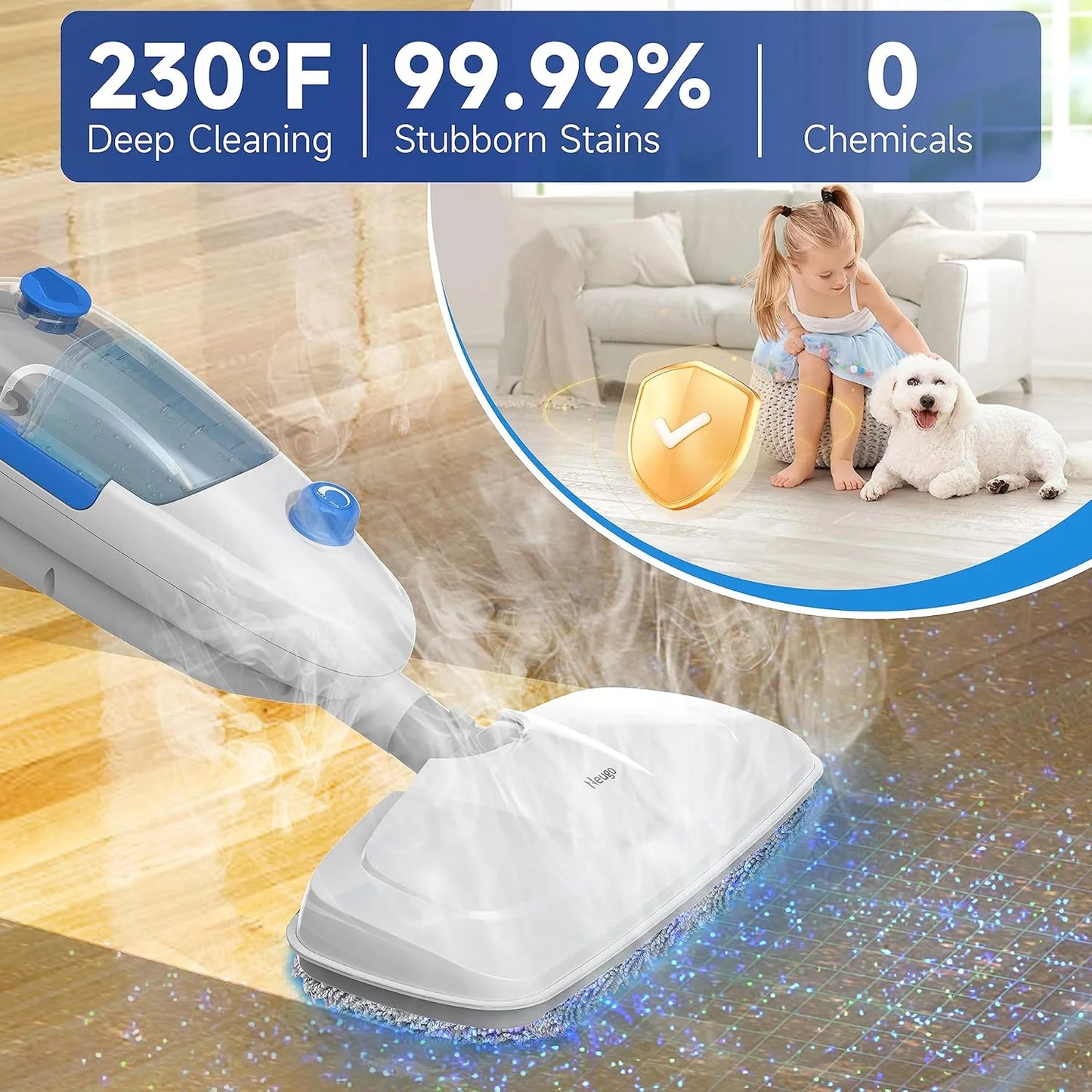 Steam Mop for Hardwood Floor Cleaning, Floor Steamer Cleaner Lightweight for Vinyl, Laminate, Carpet, Tile Hard Floors w/Adjustable Steam Modes & Height, 23ft Cord, 2 Washable Pad