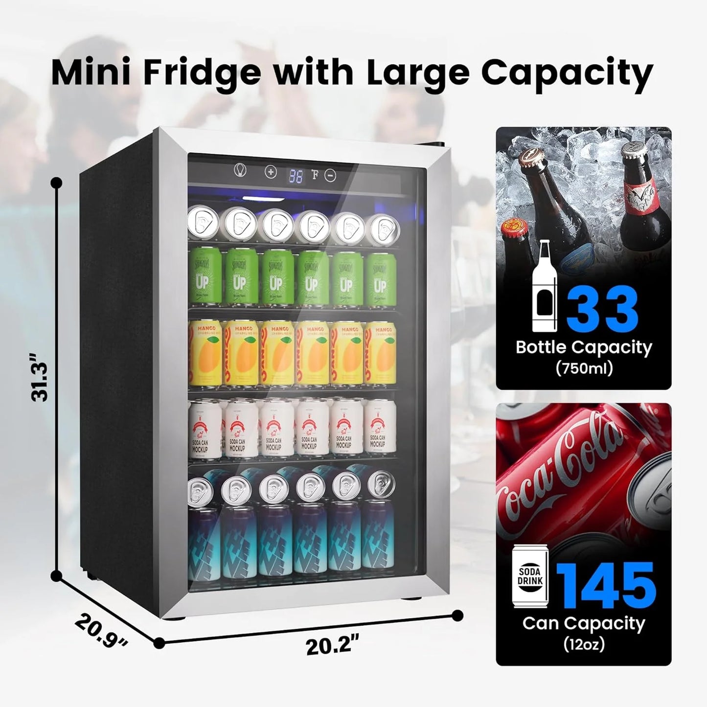 Beverage Refrigerator Cooler - 126 Can Mini Fridge Glass Door for Drinks Soda Beer Wine - Small Refrigerator for Office Bedroom Home Bar, 4 Adjustable Shelves, 3.2 Cu.Ft, Silver