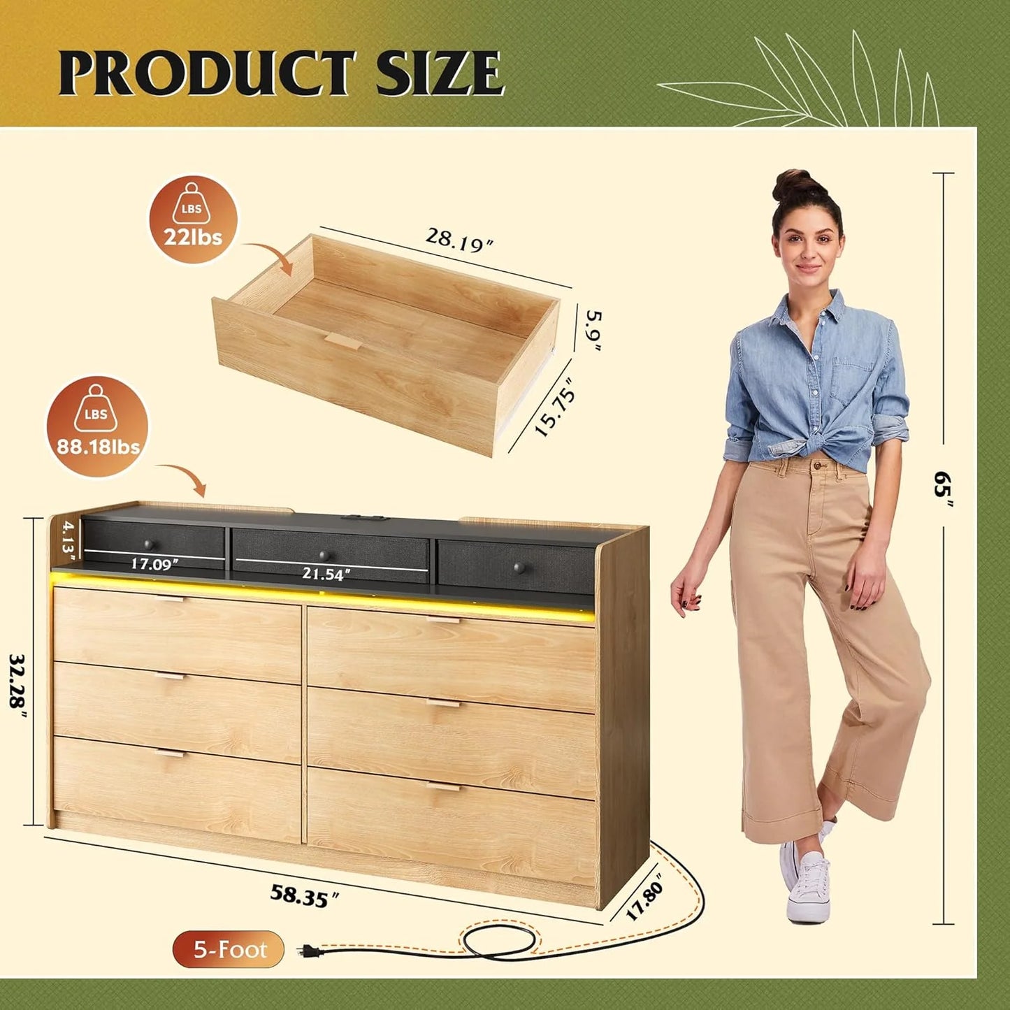 9 Drawer Led Dresser for Bedroom, 58.35'' Wide Wood Dresser Storage Organizer with Power Outlets for 65'' TV, Dressers with Open Shelves