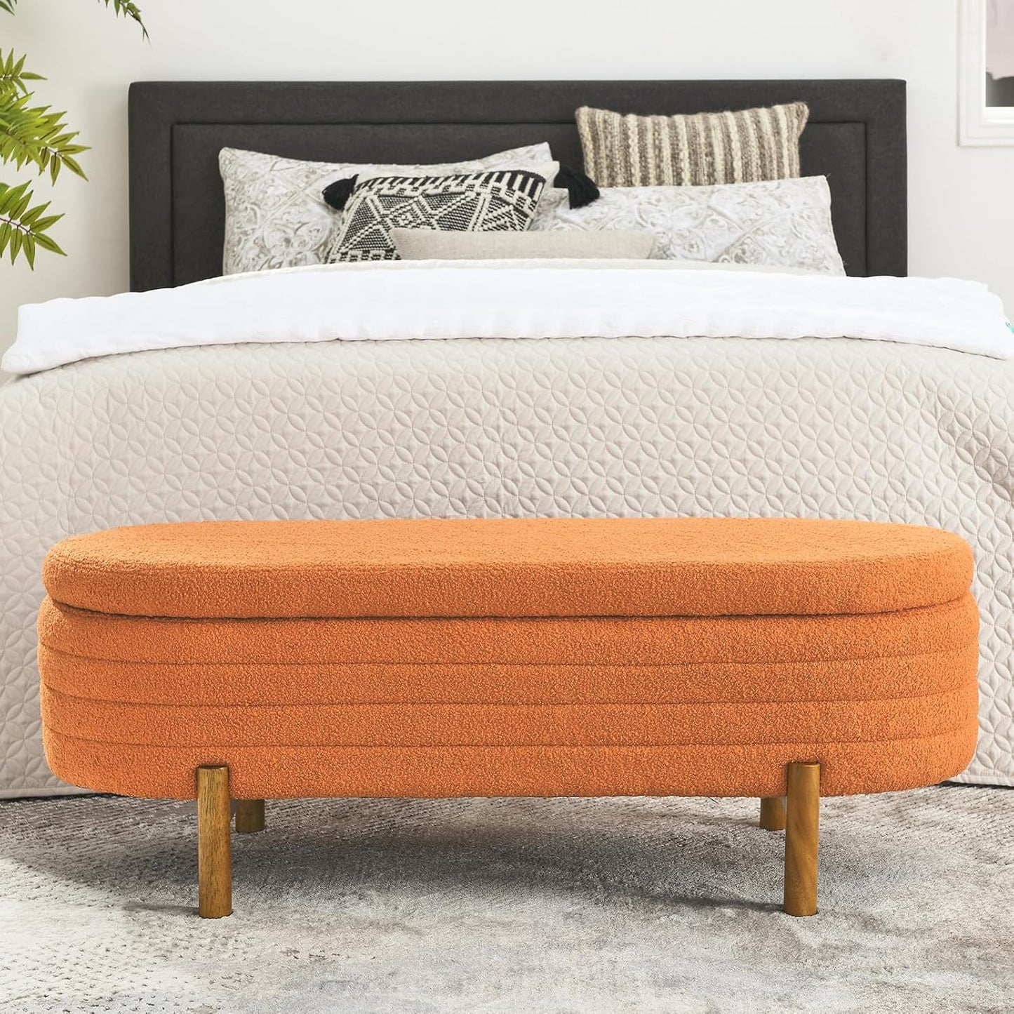 Furniliving Modern Storage Ottoman Bench, Sherpa Ottoman End of Bed Bench with Solid Wood Legs Upholstered Ottoman Benches with Storage Indoor Bench