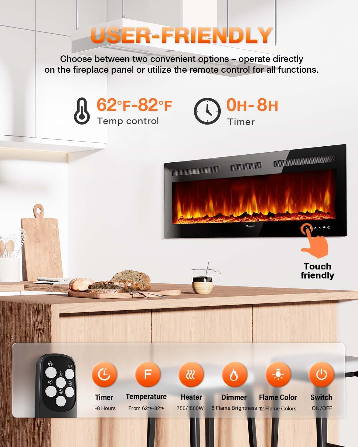 Electric Fireplace 60Inch,Wall Mounted Electric Fireplace Heater with Timer Inserts，TV Stand Touch Screen and Realistic Flame,Log Set,Crystal Flames 750 to 1500W，Remote for Living Room