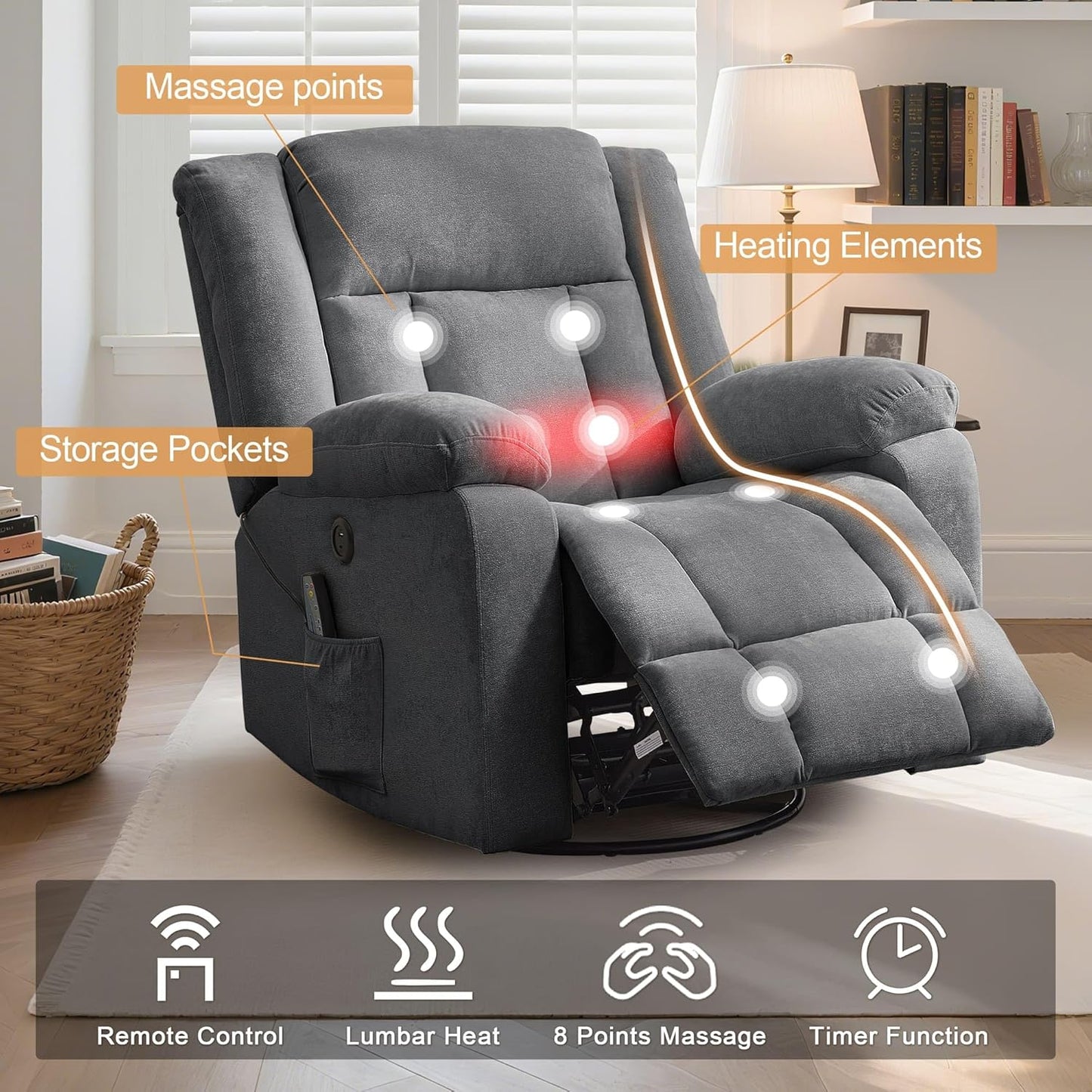 Adult rocking chair, gliding recliner, 360° rotating rocking chair with massage and heating function