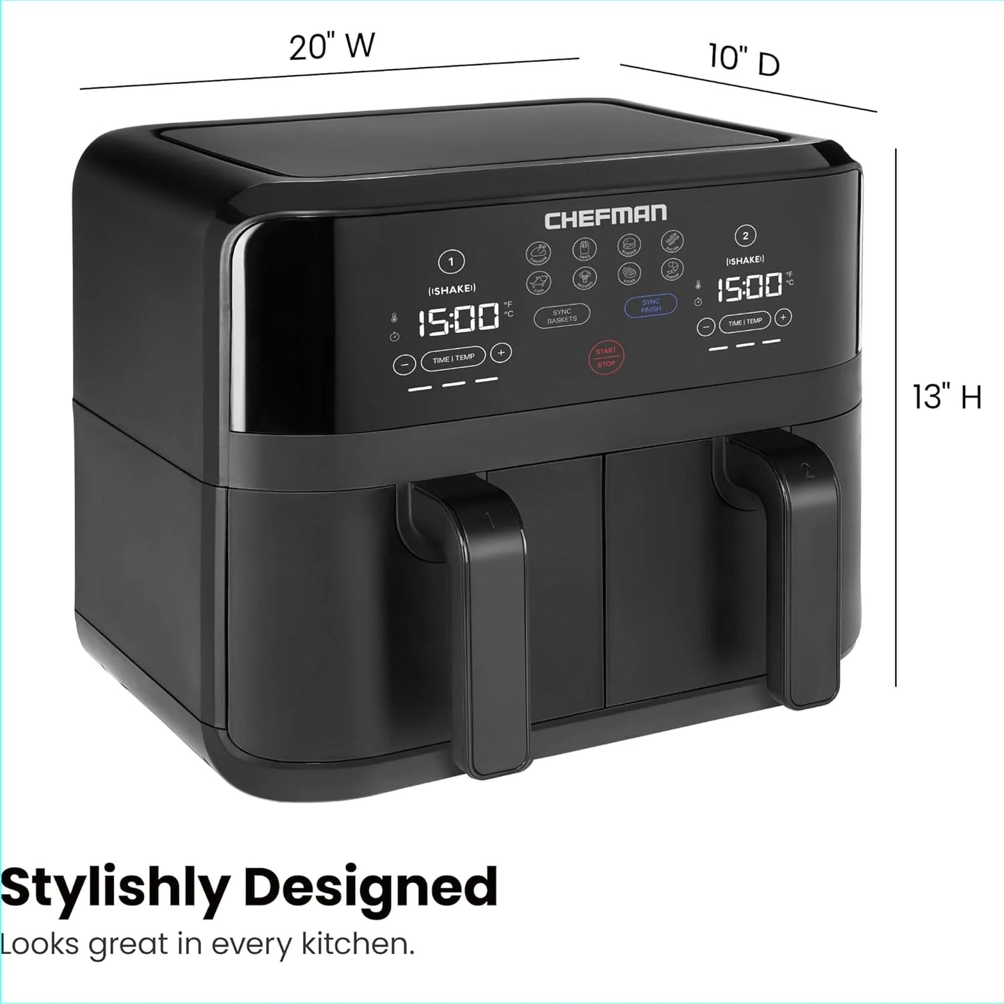 Chefman 6-Quart Dual Basket Air Fryer - Digital Touchscreen, Smart Sync Finish, High-Frying, Auto-Off, 2 Independent 3-Quart Nonstick Pans, Dishwasher-Safe Baskets