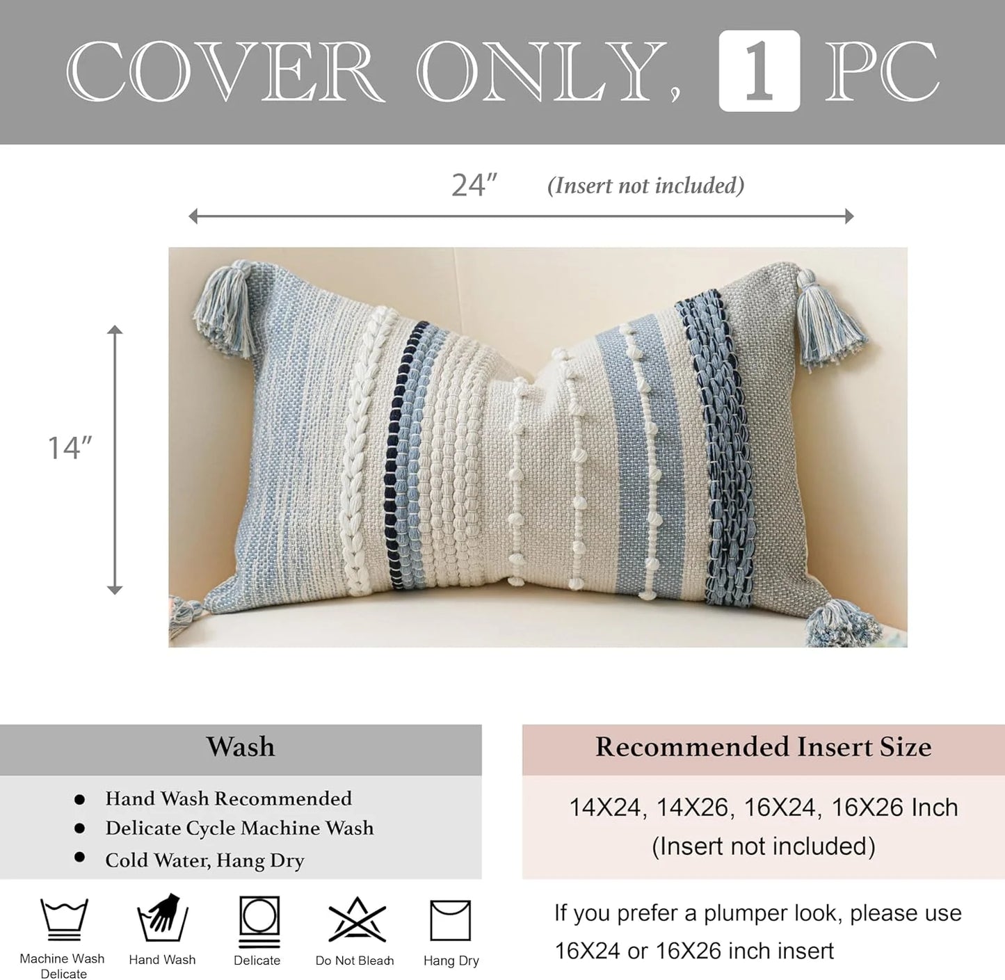 Blue Boho Decorative Throw Pillow Cover 20x20