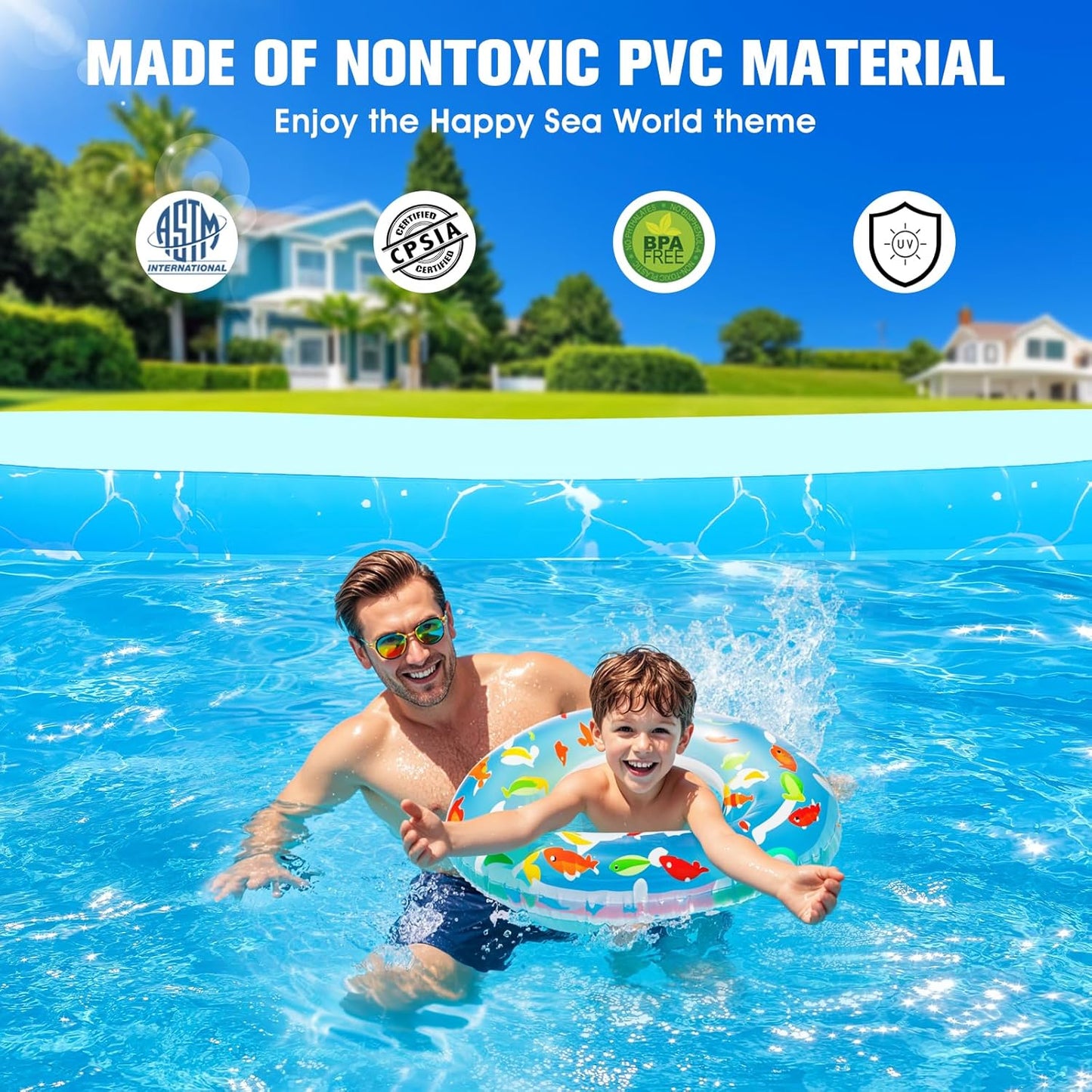 Inflatable Pool with Seat and Pool Lights, Durable Thickened Large Size Family Inflatable Pools for Adults Blow Up Pools,105" x 65" x 25"Swimming Inflatable Kids PooI for Backyard,Outdoor (White)