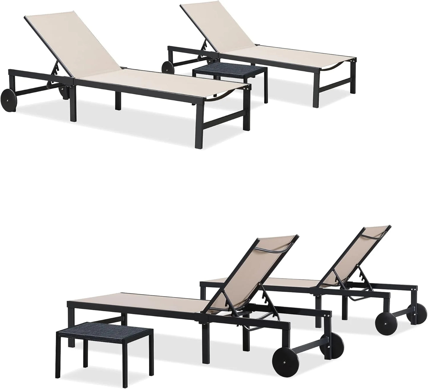 PURPLE LEAF Patio Tanning Lounge Chair Set with Face Down Hole Outdoor Aluminum Adjustable Reclining Chairs Wheels Pillows and Table for Poolside Beach Sunbathing Lounger, Beige