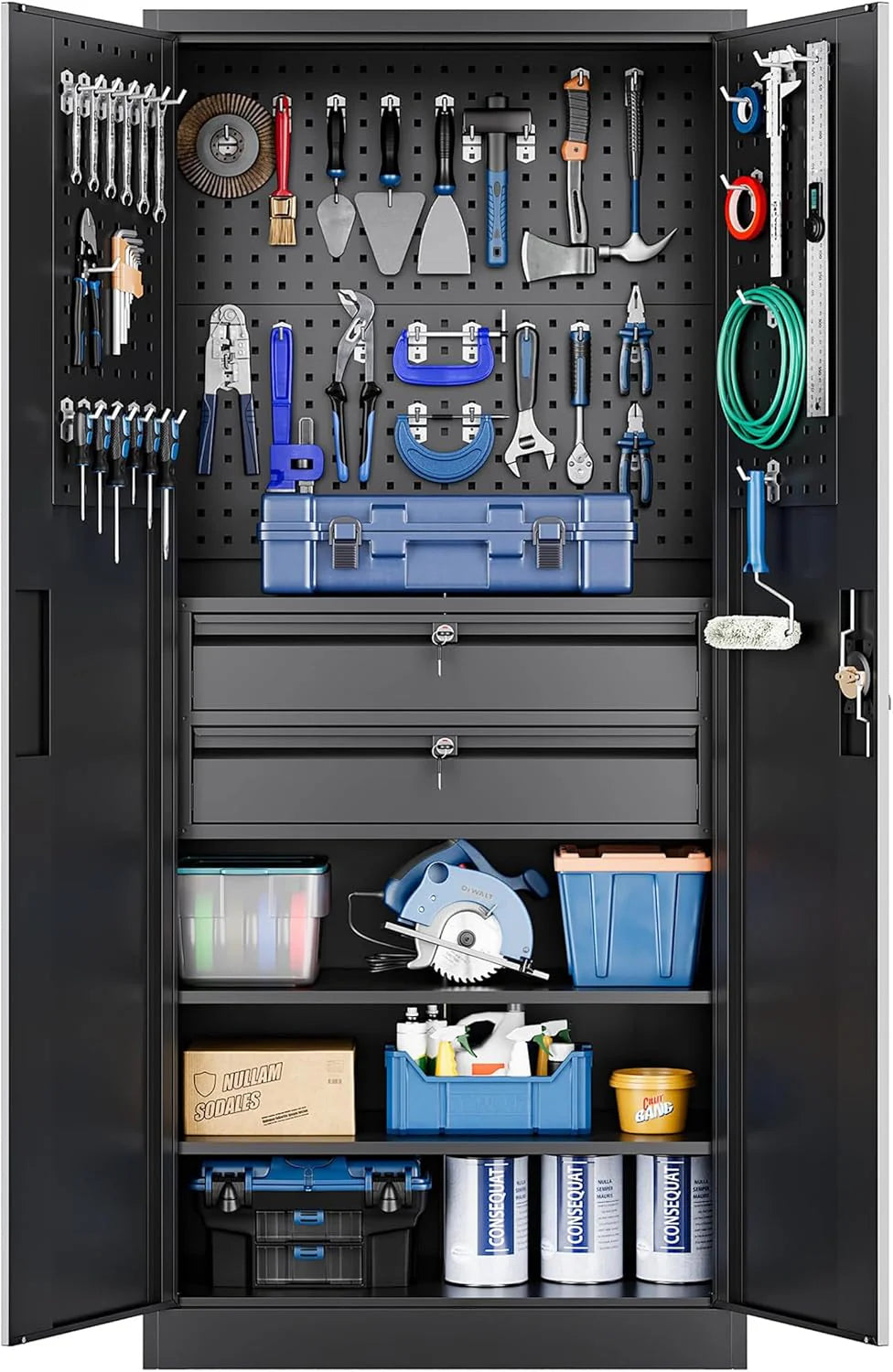 Yizosh Metal Garage Storage Cabinet with Locking Doors and 2 Drawers, Heavy Duty Steel Tool Cabinet with Pegboard, 71" - Lockable Cabinets