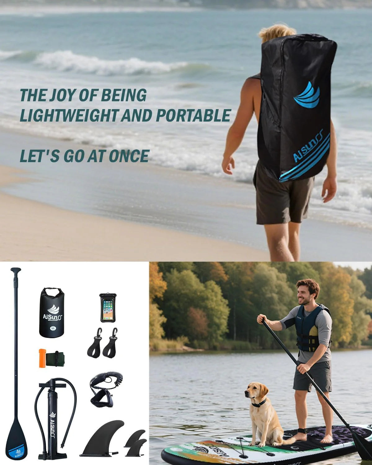 Inflatable wide SUP board with SUP carrying bag, hand pump, 10L waterproof bag and adjustable paddle