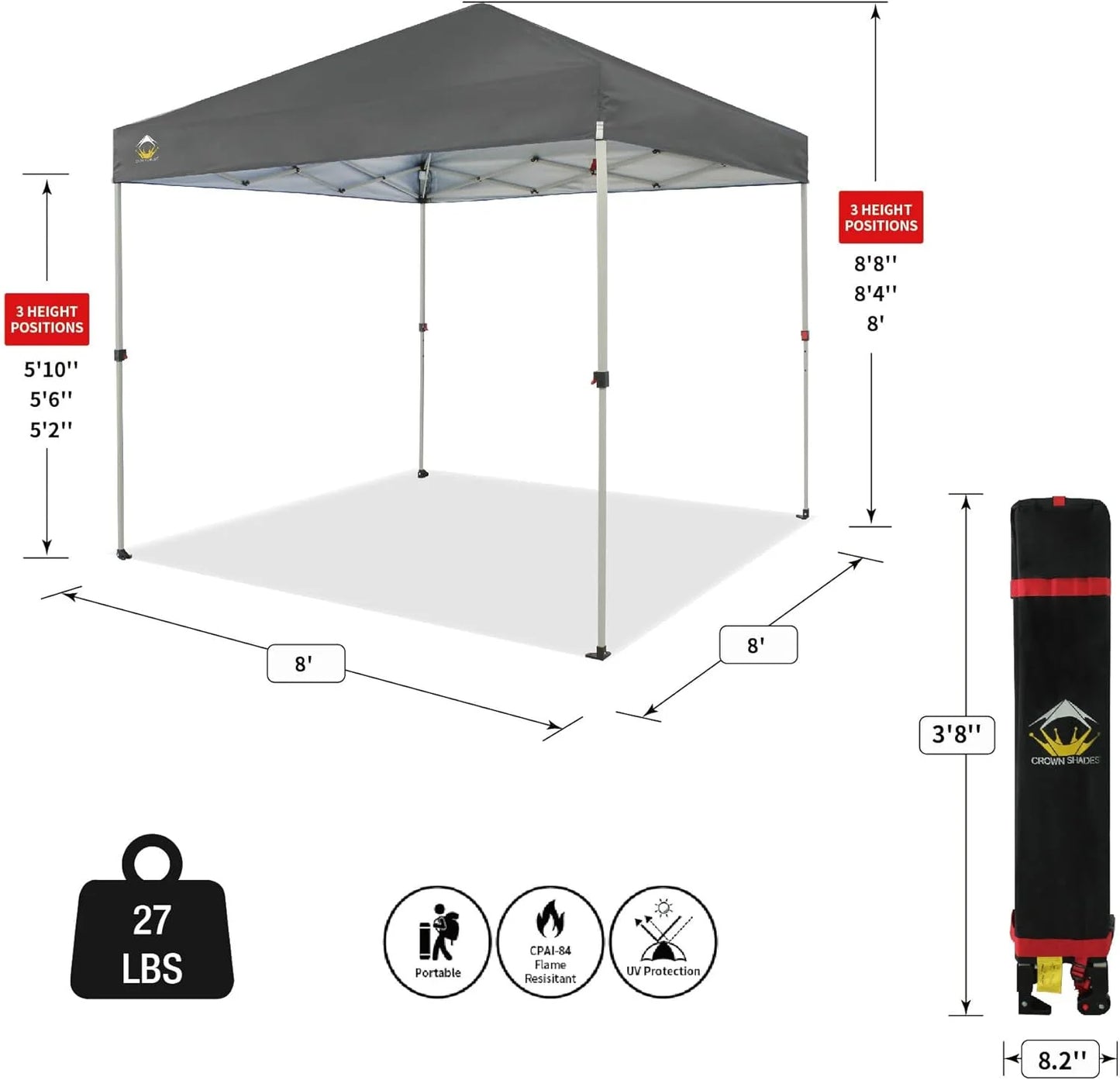 10x10 Pop-Up Awning - One-Click Installation Beach Tent - Outdoor Sunshade Silver Coated Top, 3 Heights and 4 Sand Pockets