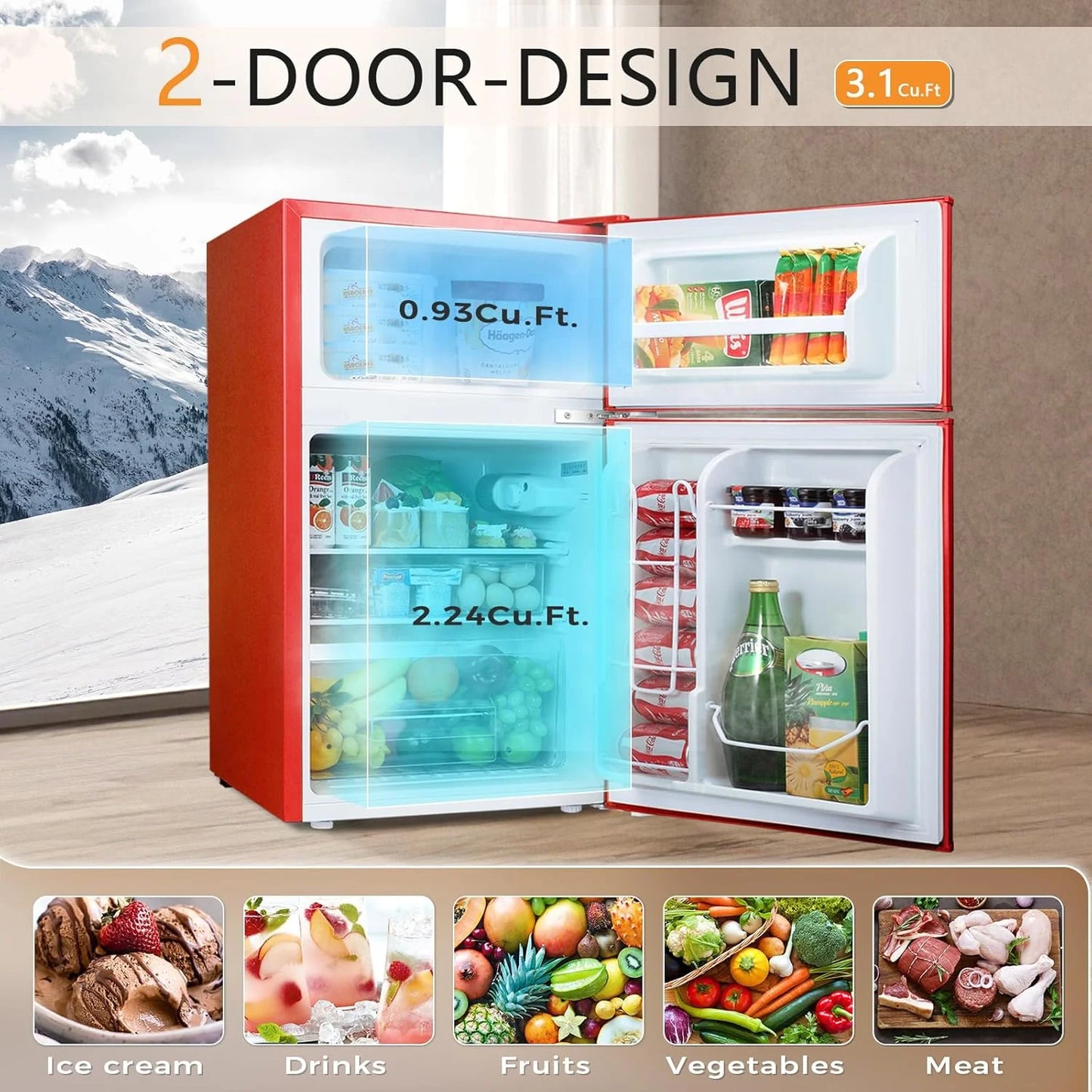 Antarctic Star Compact Mini Refrigerator Separate Freezer, Small Fridge Double 2-Door Adjustable Removable Retro Stainless Steel Shelves Living room/Kitchen/Dorm/Office 3.2 cu ft.Green