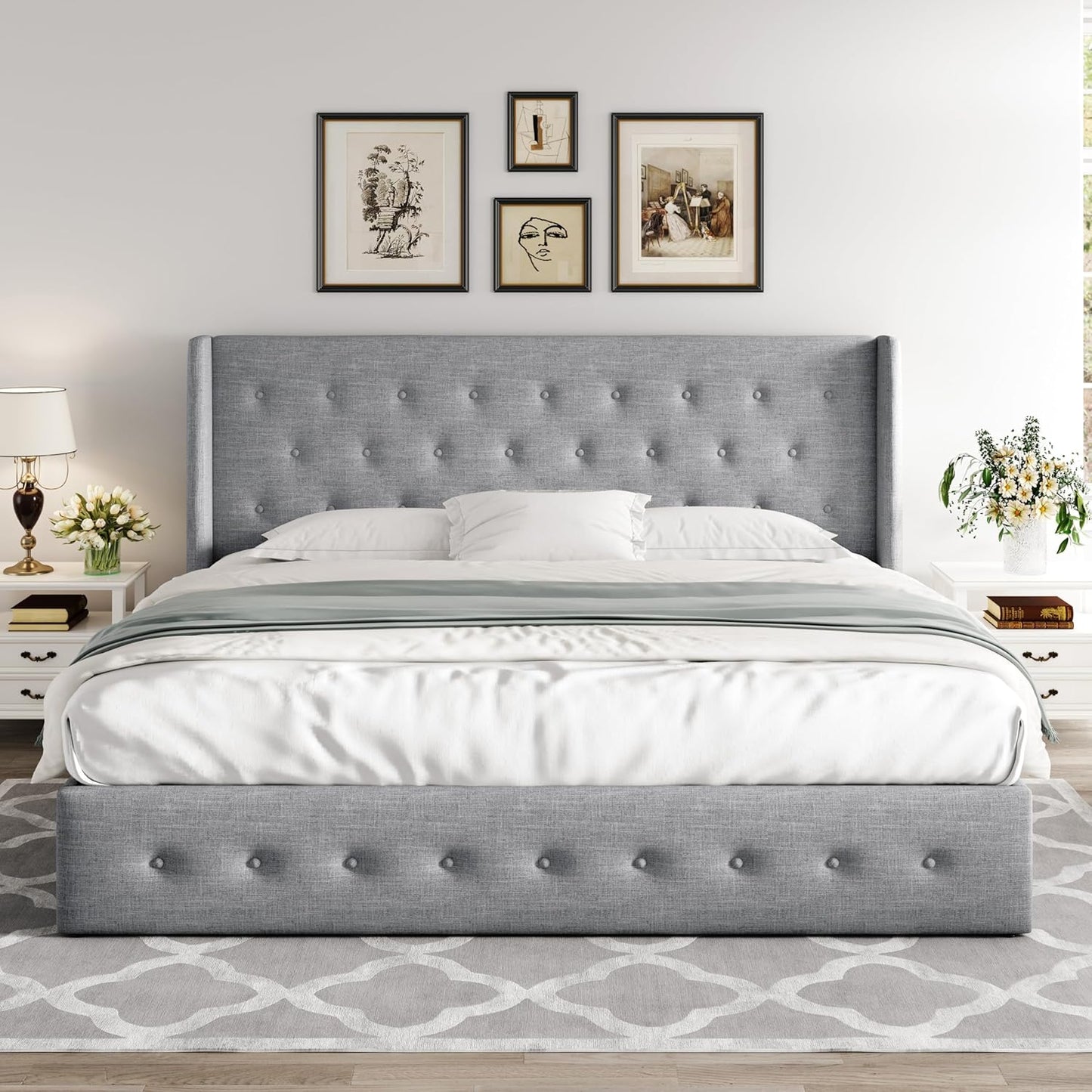 Allewie Queen Size Lift Up Storage Bed, Modern Wingback Headboard, Hydraulic Support, No Box Spring Needed, Light Beige