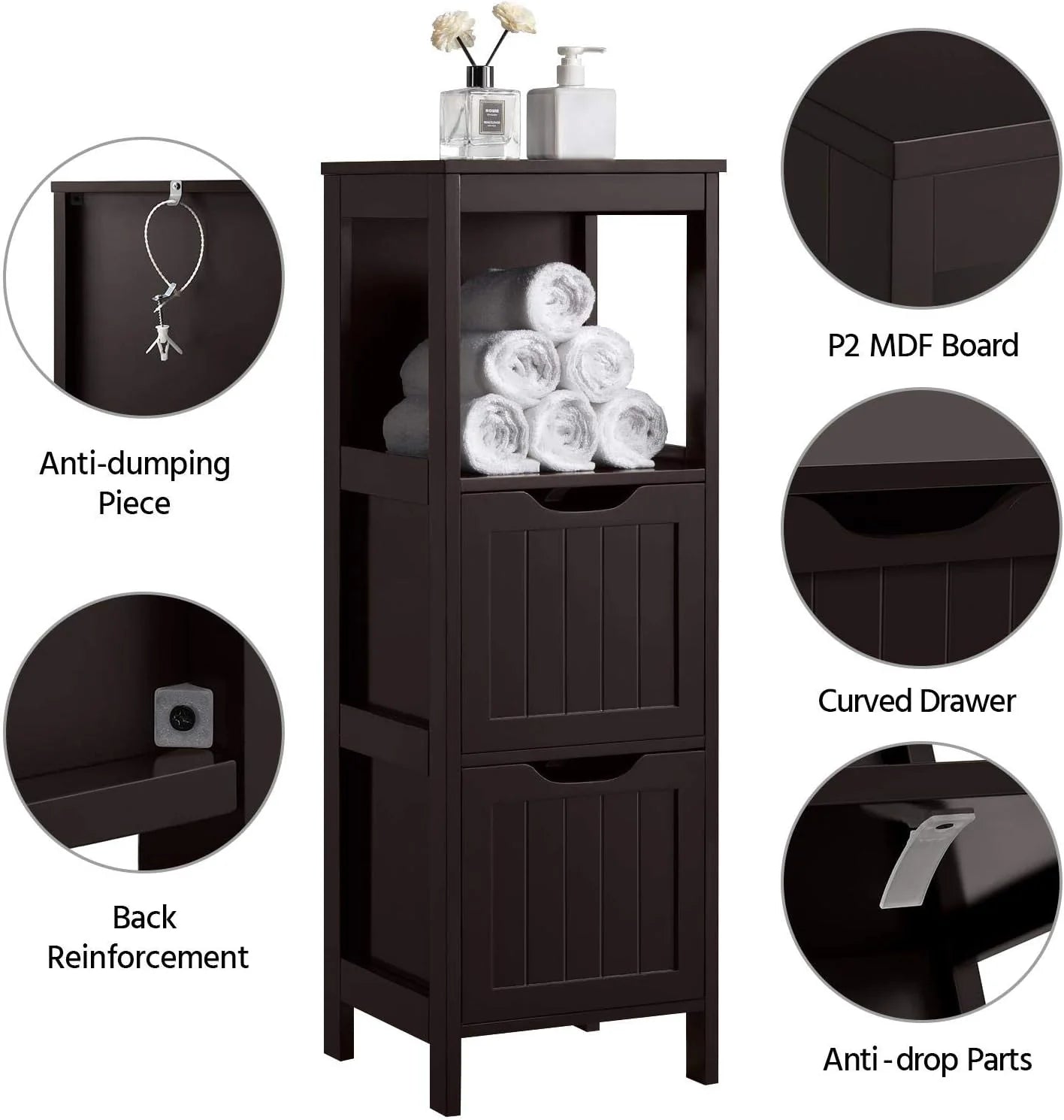 Bathroom Floor Cabinet, Wooden Storage Cabinet with 2 Drawers, Multifunctional Side Organizer Rack Stand Table