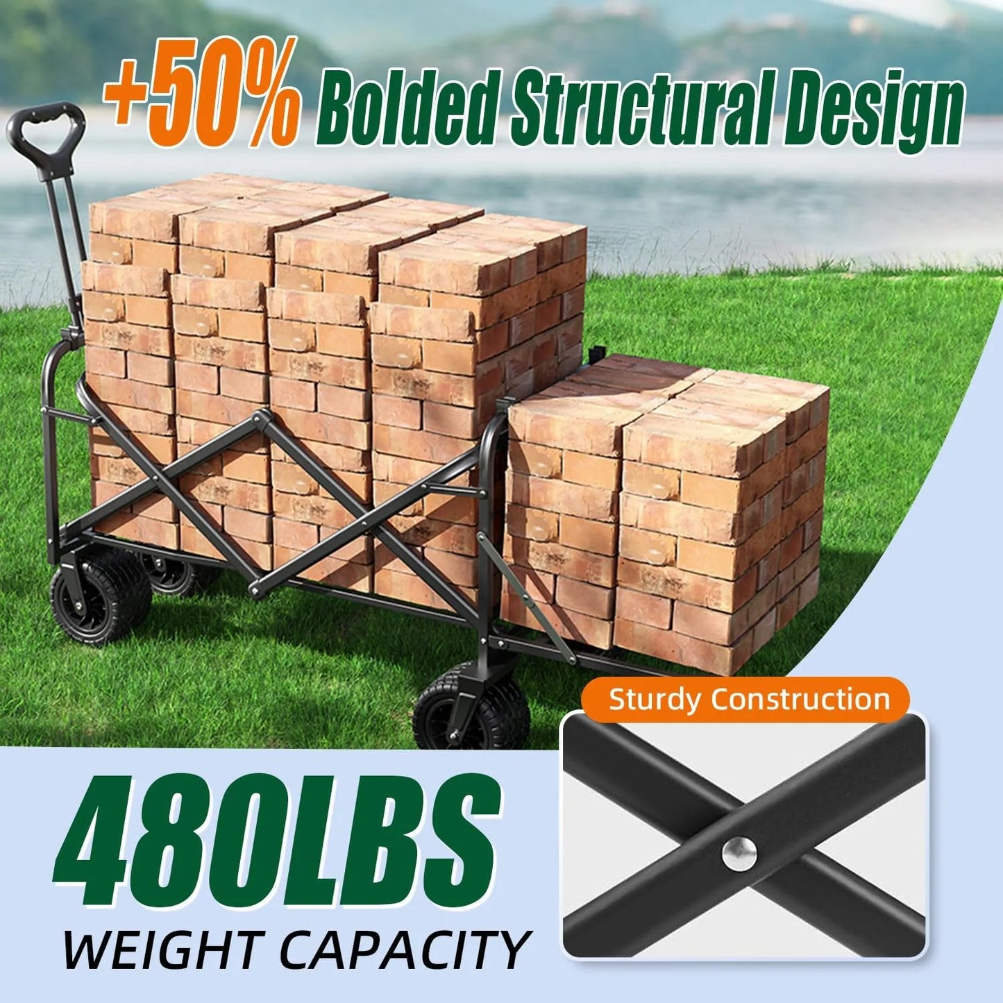 Foldable 4-wheel cart, foldable, 37 inches long, 480 lb capacity, heavy-duty beach cart, shopping cart with wheels