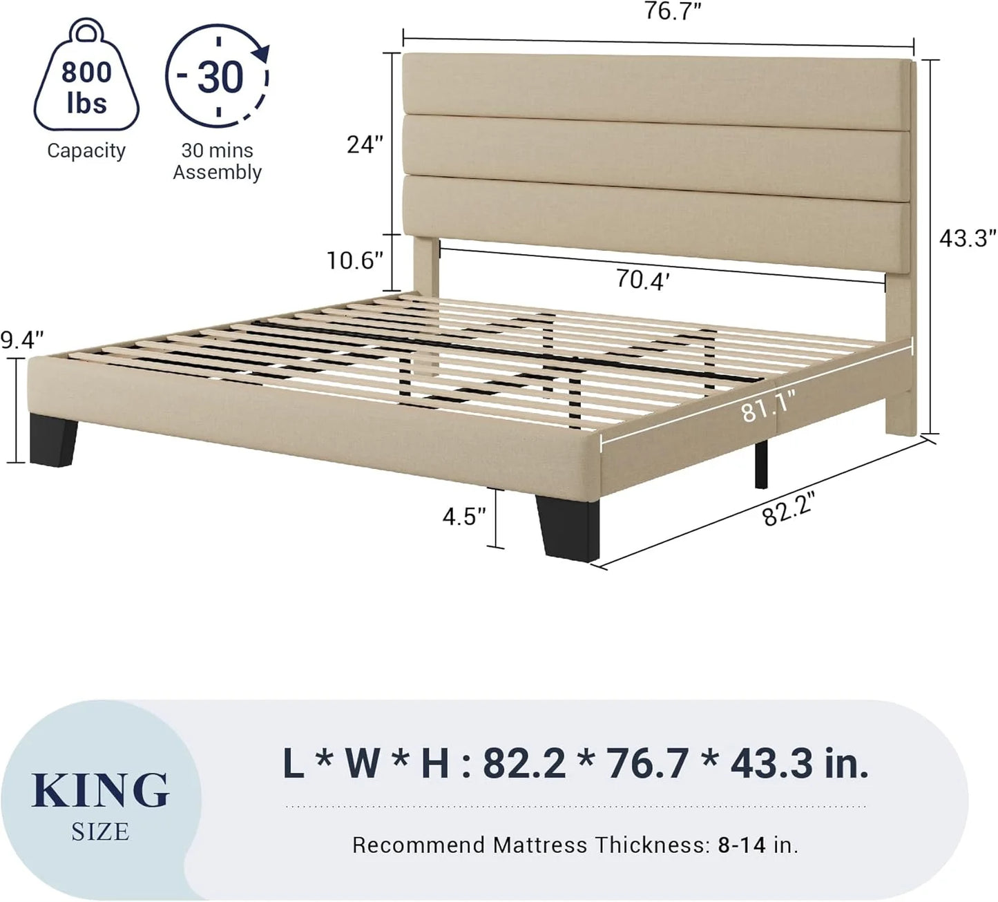 Allewie King size platform bed frame with velvet upholstered headboard and planks